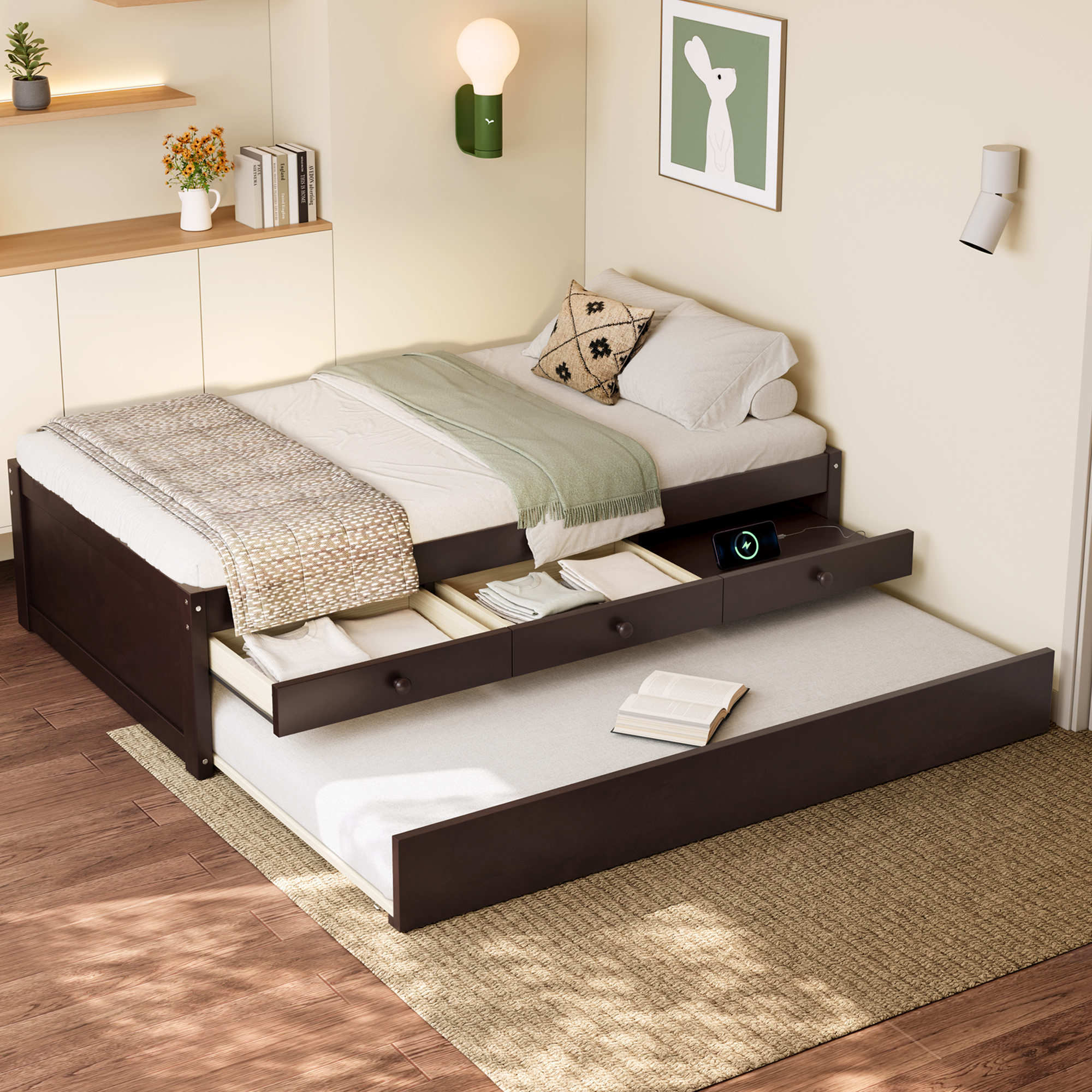 Twin Platform Bed with Trundle and 2 drawers,SolidWood Beds with Power strip,Espresso - Image 2