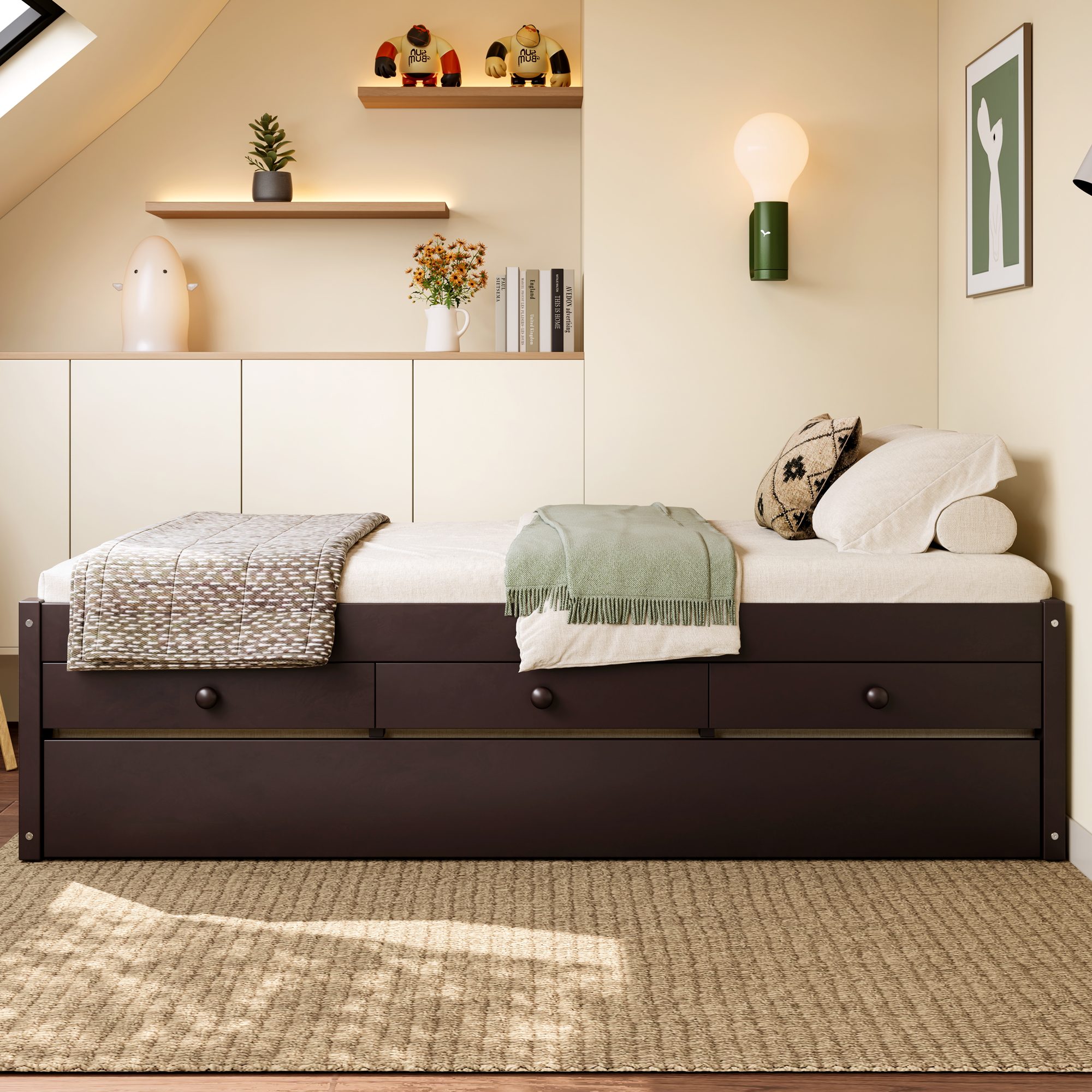 Twin Platform Bed with Trundle and 2 drawers,SolidWood Beds with Power strip,Espresso - Image 3