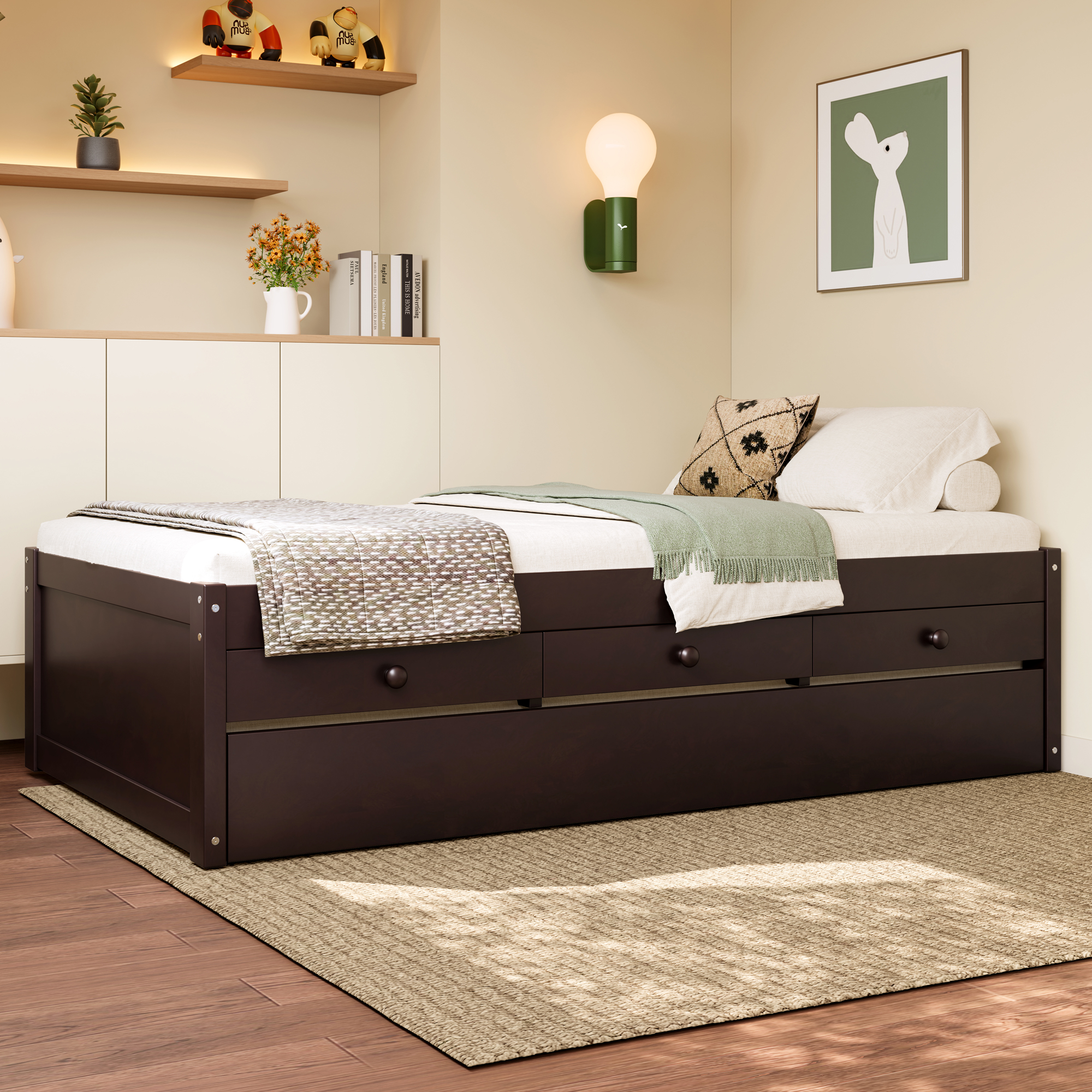 Twin Platform Bed with Trundle and 2 drawers,SolidWood Beds with Power strip,Espresso - Image 4