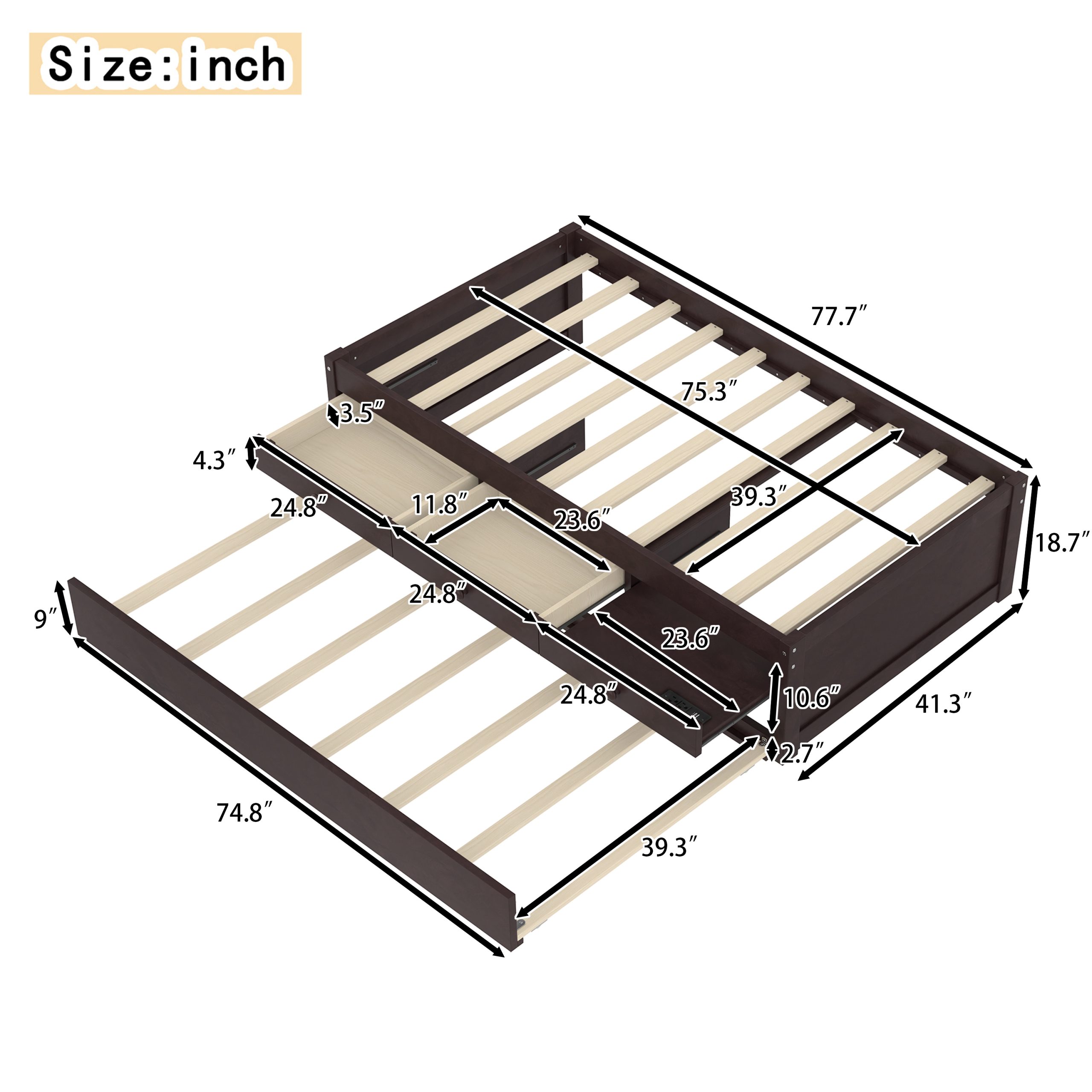 Twin Platform Bed with Trundle and 2 drawers,SolidWood Beds with Power strip,Espresso - Image 5