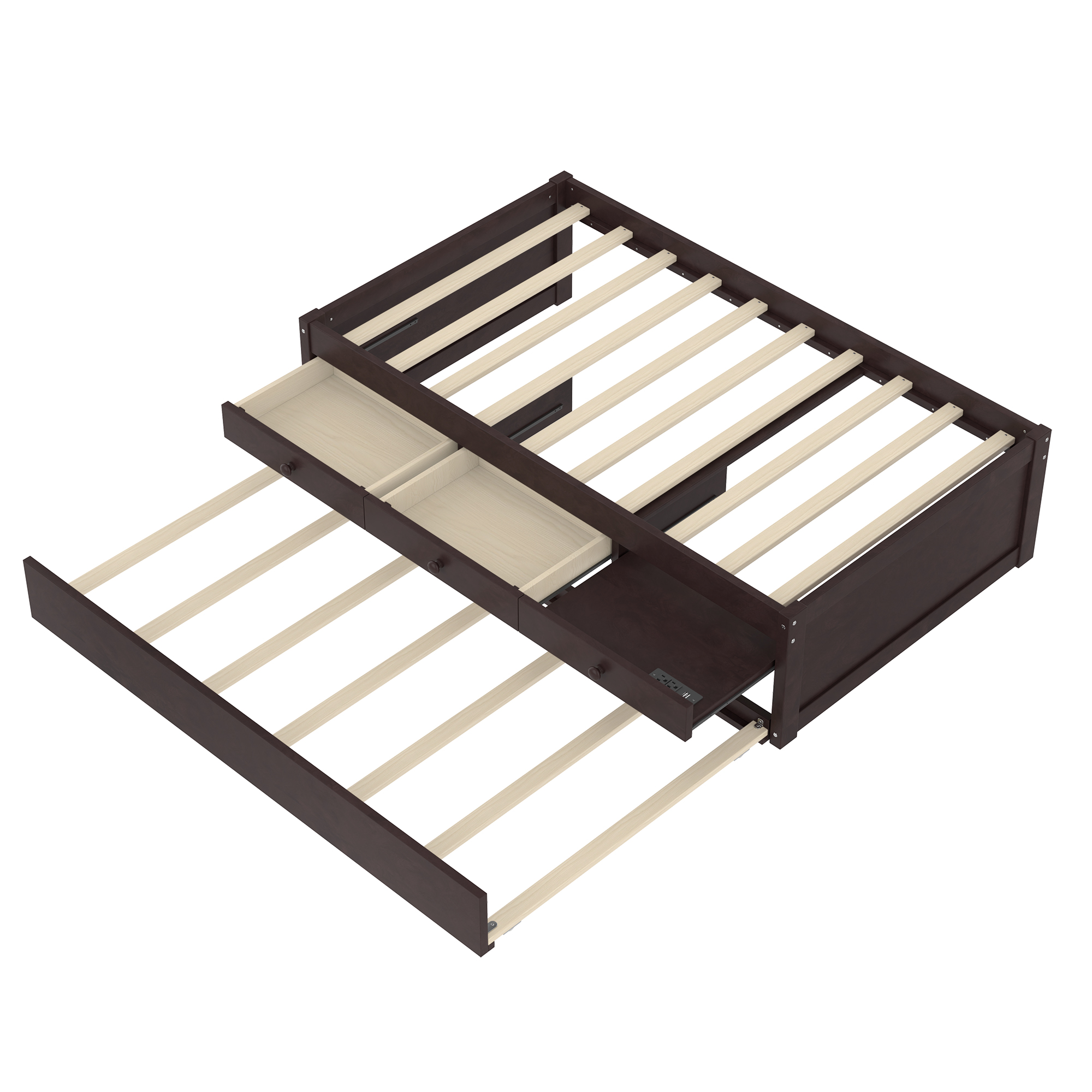 Twin Platform Bed with Trundle and 2 drawers,SolidWood Beds with Power strip,Espresso - Image 6