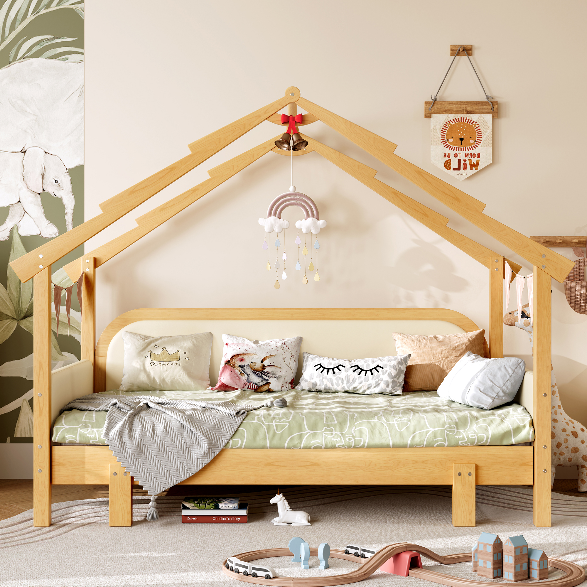 Twin Size Wood Treehouse bed with Soft Cushion Rails,for Kids, Teens, Girls, Boys,White - Image 2