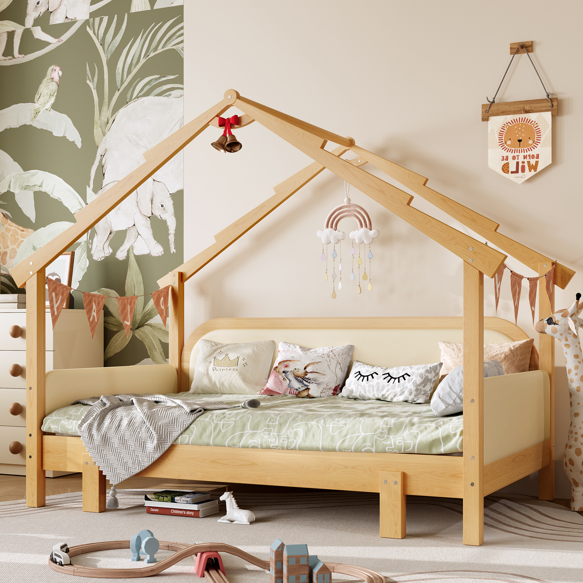 Twin Size Wood Treehouse bed with Soft Cushion Rails,for Kids, Teens, Girls, Boys,White - Image 3
