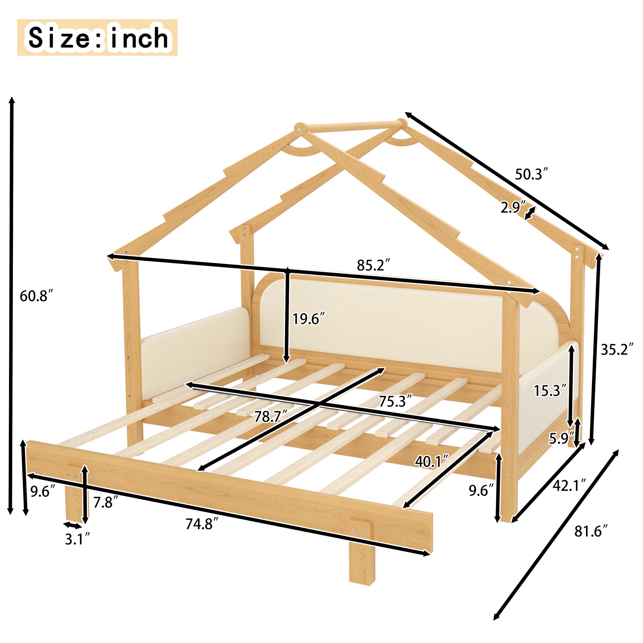 Twin Size Wood Treehouse bed with Soft Cushion Rails,for Kids, Teens, Girls, Boys,White - Image 4