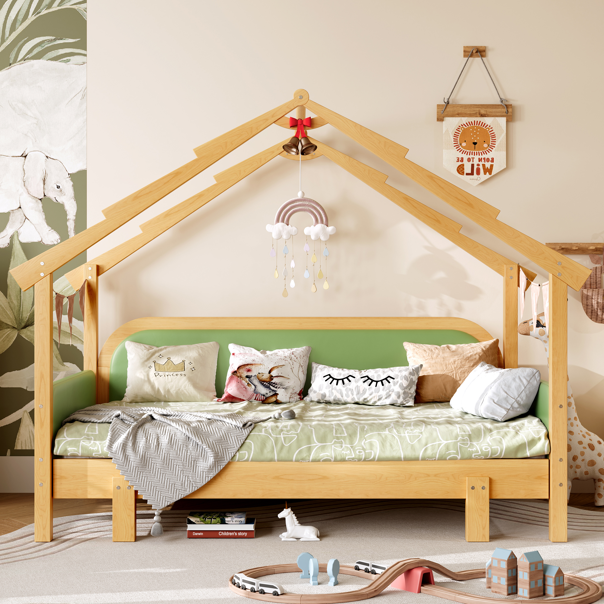 Twin Size Wood Treehouse bed with Soft Cushion Rails,for Kids, Teens, Girls, Boys,Green - Image 2