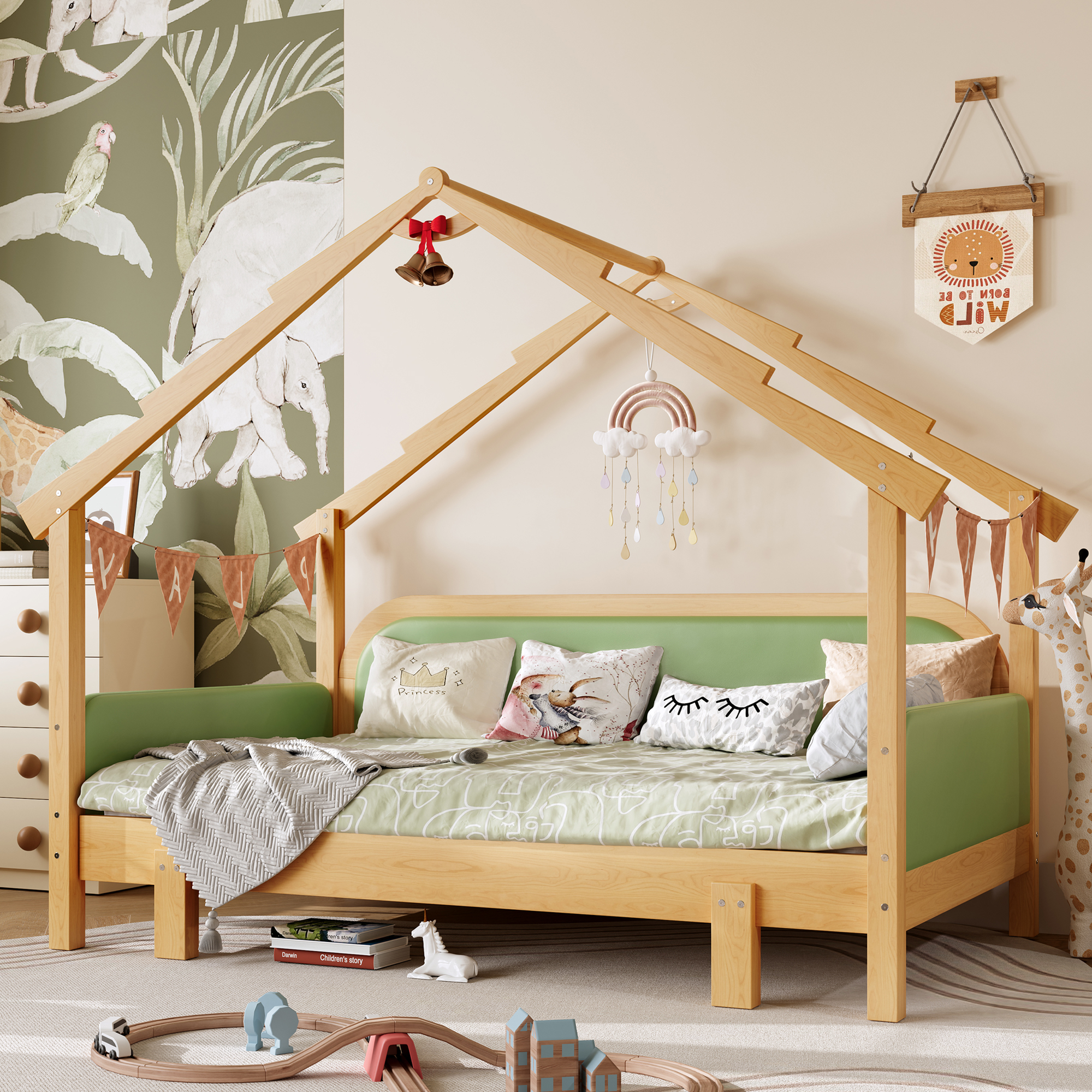 Twin Size Wood Treehouse bed with Soft Cushion Rails,for Kids, Teens, Girls, Boys,Green - Image 3