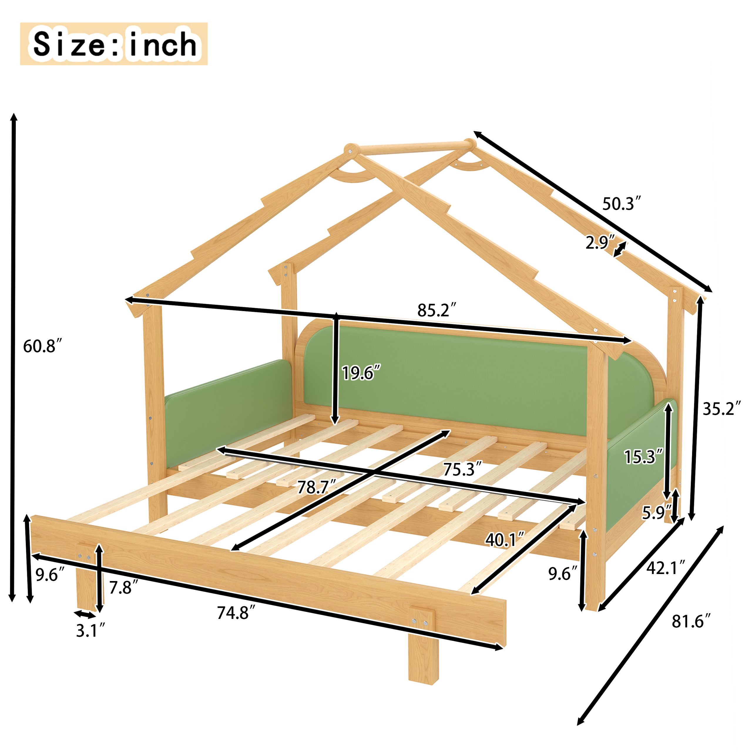 Twin Size Wood Treehouse bed with Soft Cushion Rails,for Kids, Teens, Girls, Boys,Green - Image 4