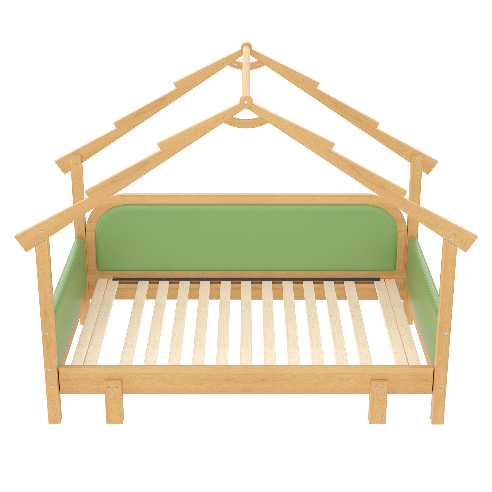 Twin Size Wood Treehouse bed with Soft Cushion Rails,for Kids, Teens, Girls, Boys,Green - Image 5