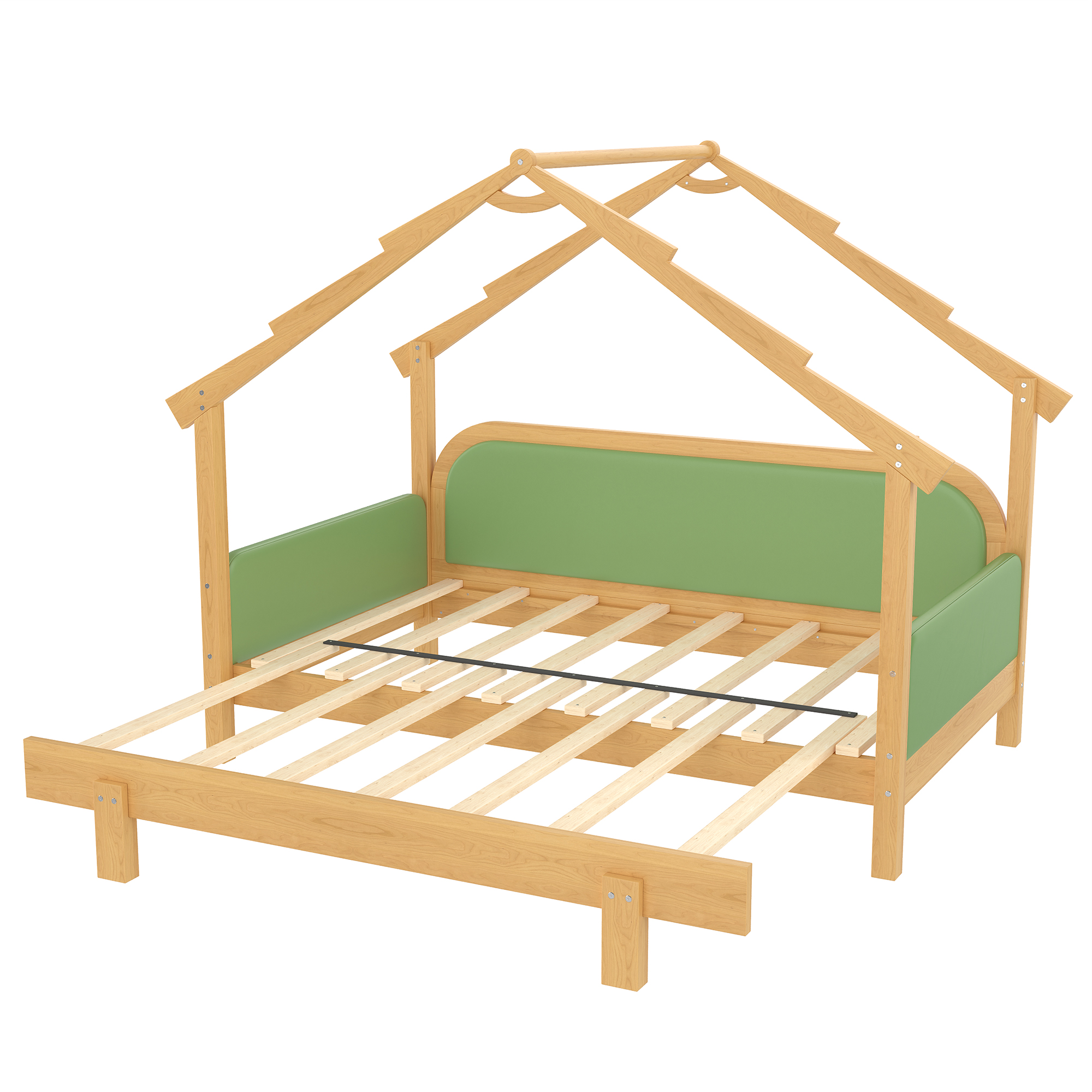 Twin Size Wood Treehouse bed with Soft Cushion Rails,for Kids, Teens, Girls, Boys,Green - Image 6