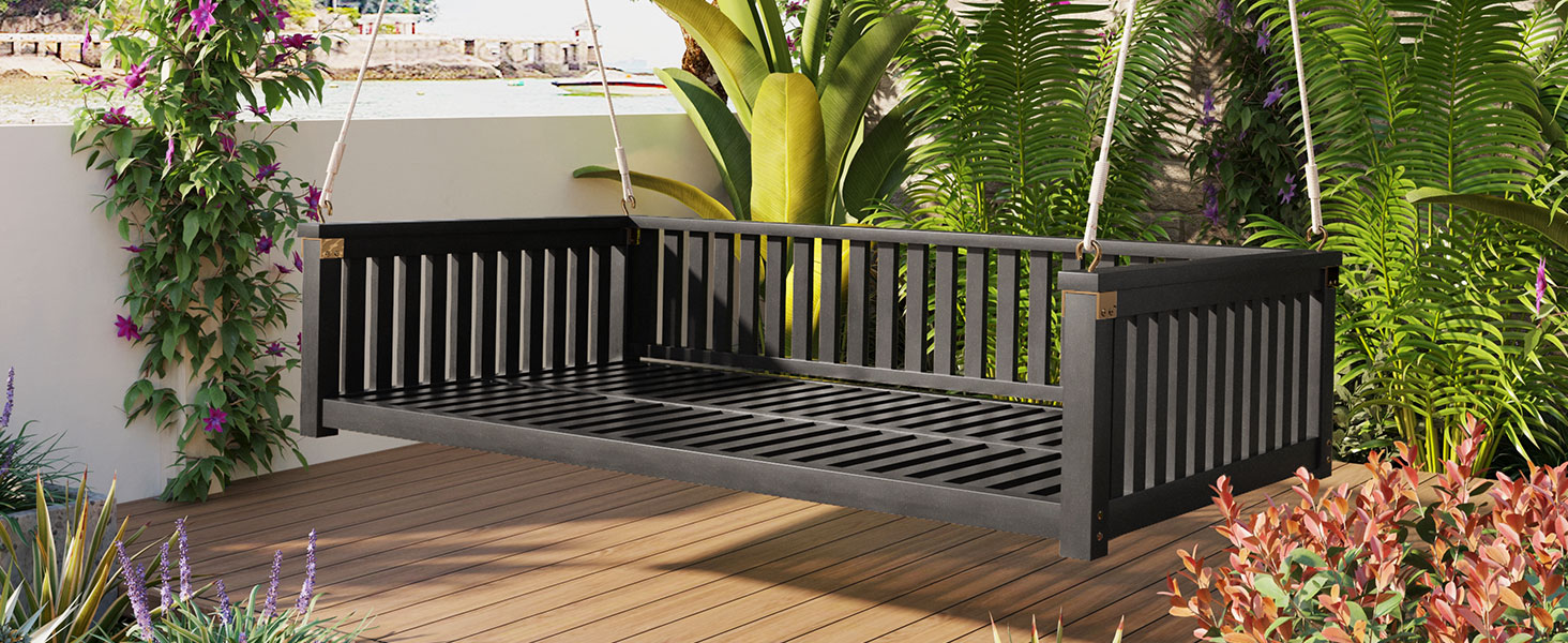 TOPMAX Patio Minimalist Twin Size Garden Swing Bed Wood Porch Swing with Ropes for Backyard, Safe Sloped Design, Black - Image 2