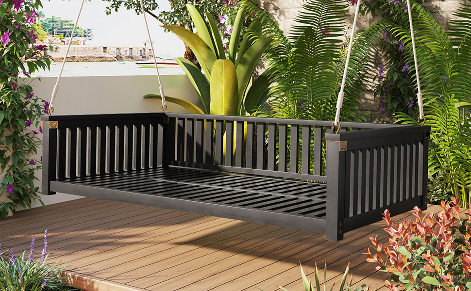 TOPMAX Patio Minimalist Twin Size Garden Swing Bed Wood Porch Swing with Ropes for Backyard, Safe Sloped Design, Black - Image 3