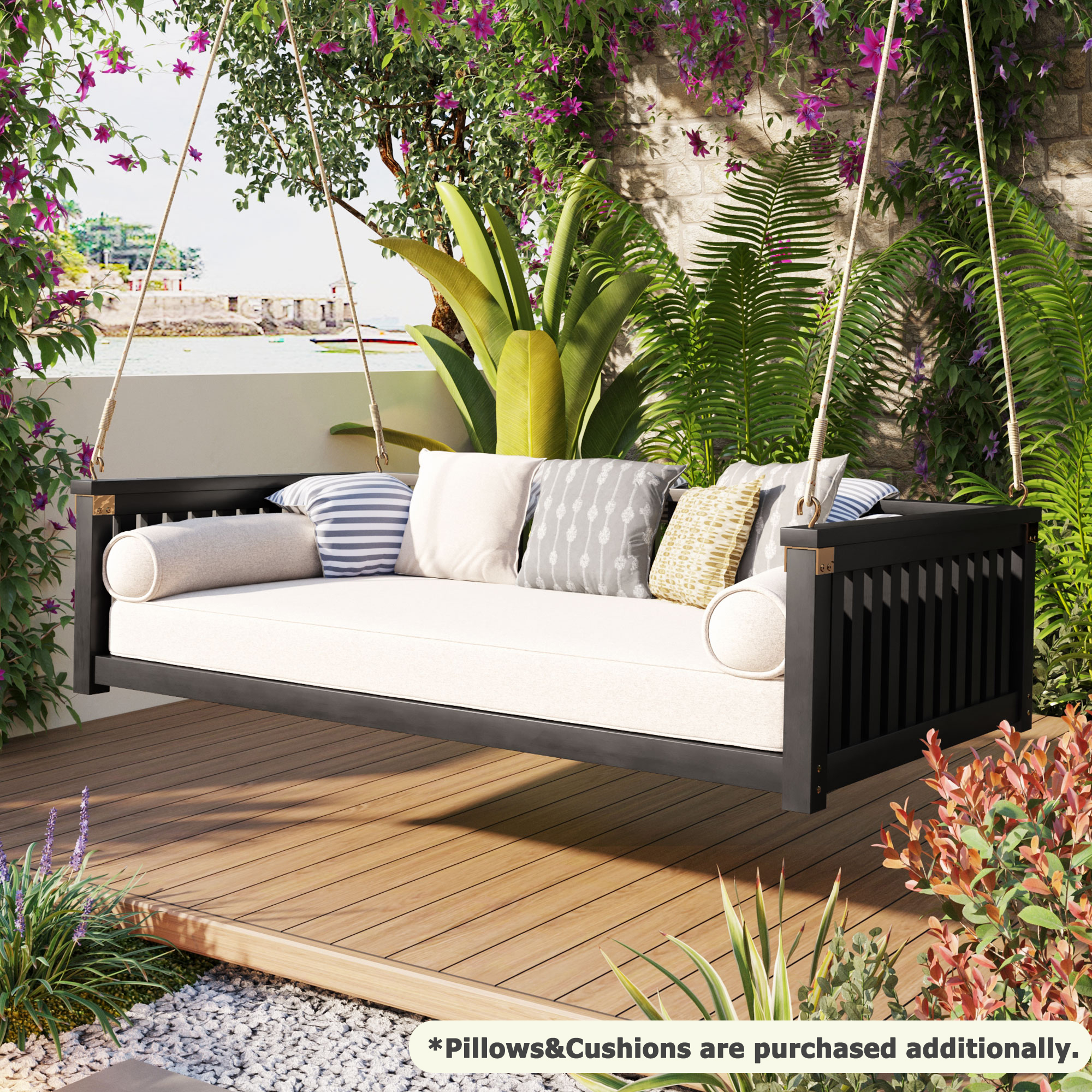 TOPMAX Patio Minimalist Twin Size Garden Swing Bed Wood Porch Swing with Ropes for Backyard, Safe Sloped Design, Black - Image 4