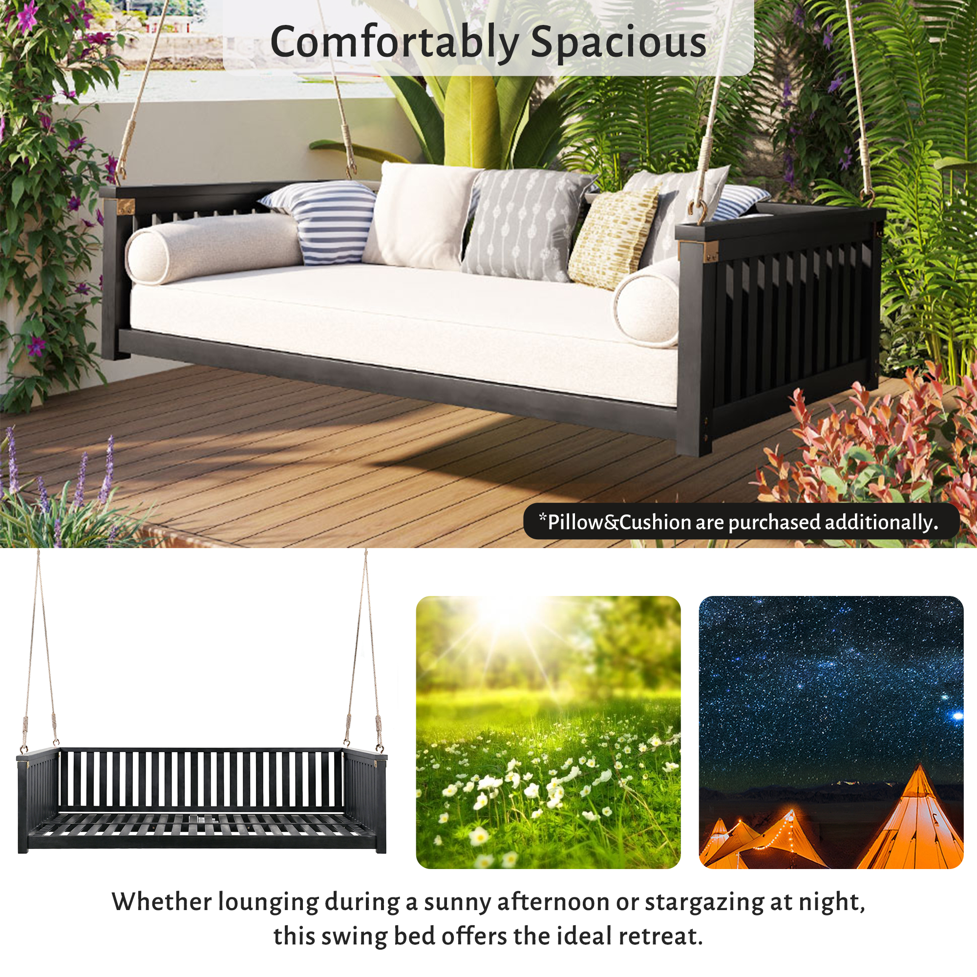 TOPMAX Patio Minimalist Twin Size Garden Swing Bed Wood Porch Swing with Ropes for Backyard, Safe Sloped Design, Black - Image 5
