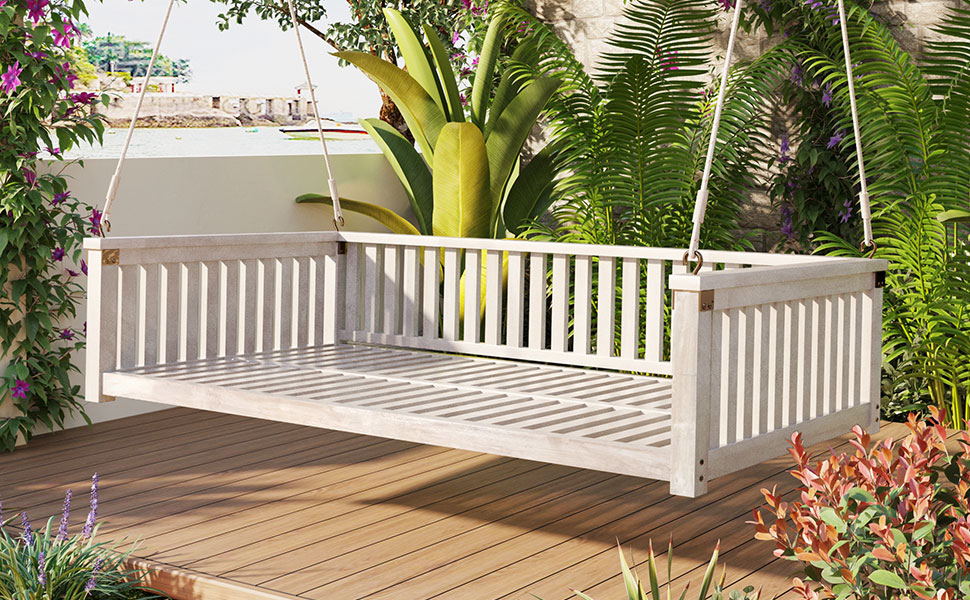 TOPMAX Patio Minimalist Twin Size Garden Swing Bed Wood Porch Swing with Ropes for Backyard, Safe Sloped Design, White - Image 2