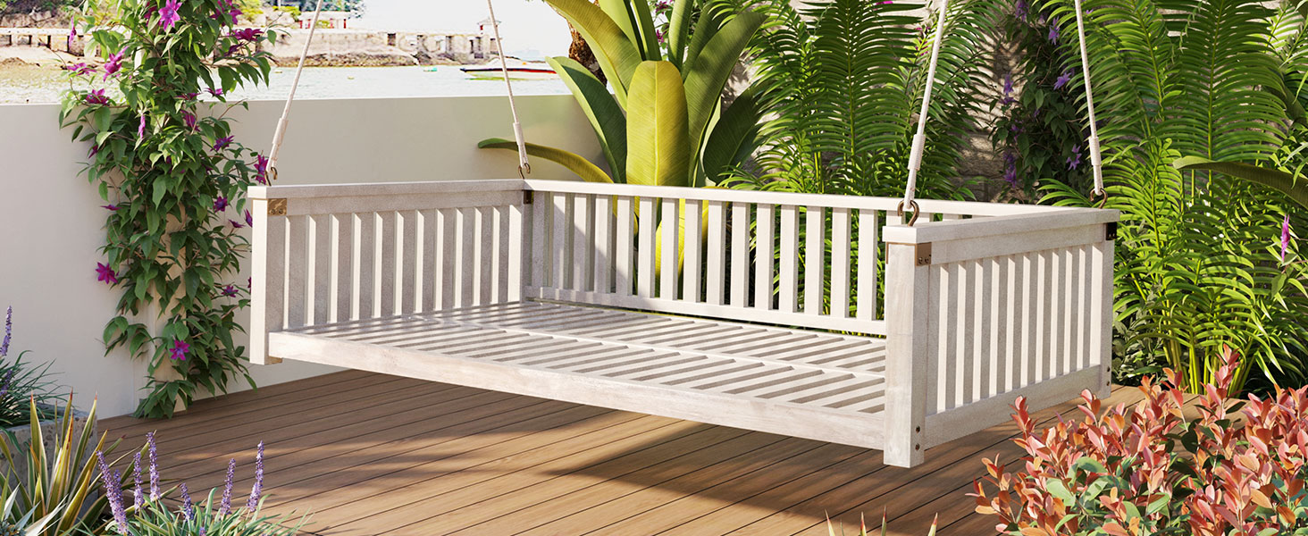 TOPMAX Patio Minimalist Twin Size Garden Swing Bed Wood Porch Swing with Ropes for Backyard, Safe Sloped Design, White - Image 3
