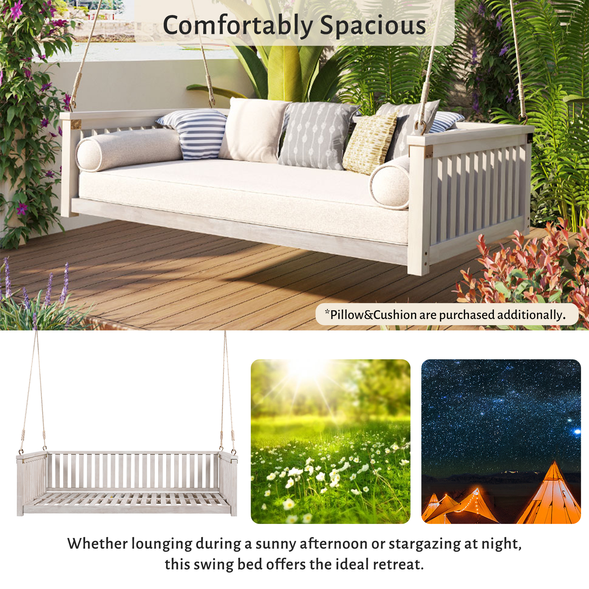 TOPMAX Patio Minimalist Twin Size Garden Swing Bed Wood Porch Swing with Ropes for Backyard, Safe Sloped Design, White - Image 5