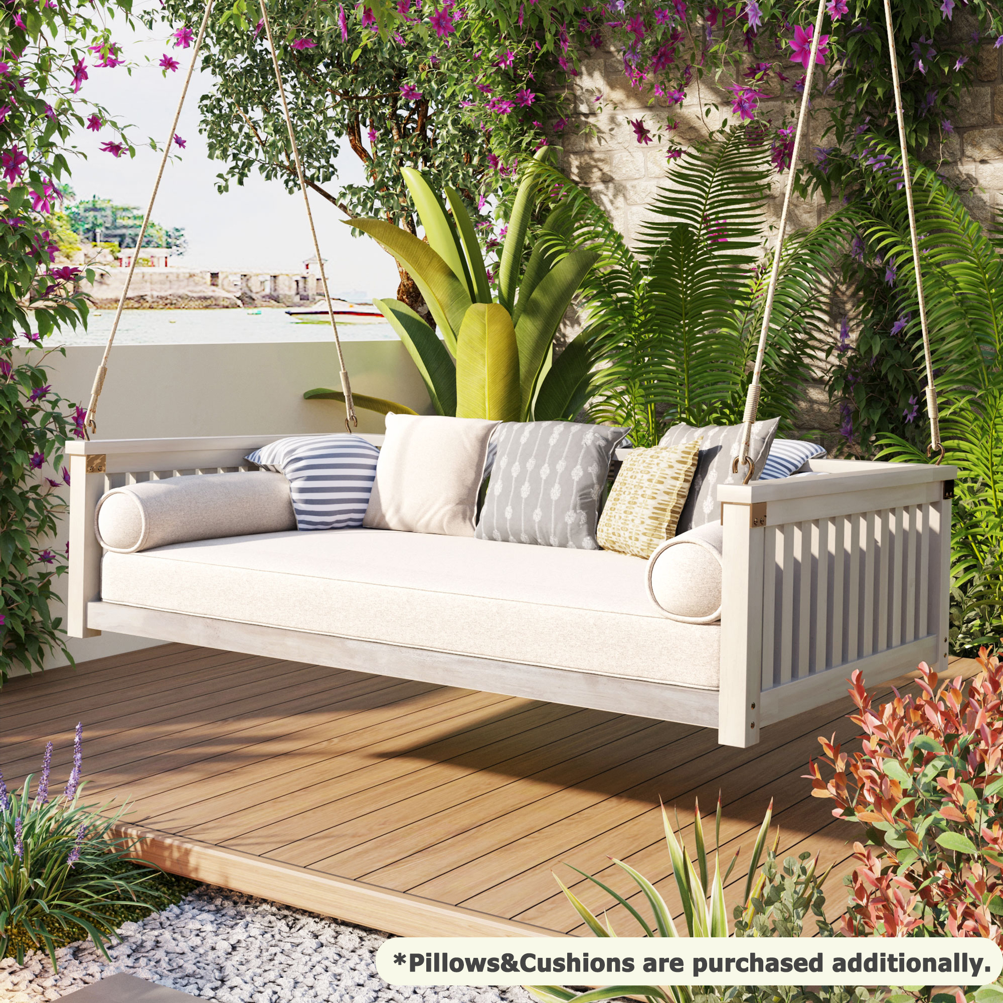 TOPMAX Patio Minimalist Twin Size Garden Swing Bed Wood Porch Swing with Ropes for Backyard, Safe Sloped Design, White - Image 4