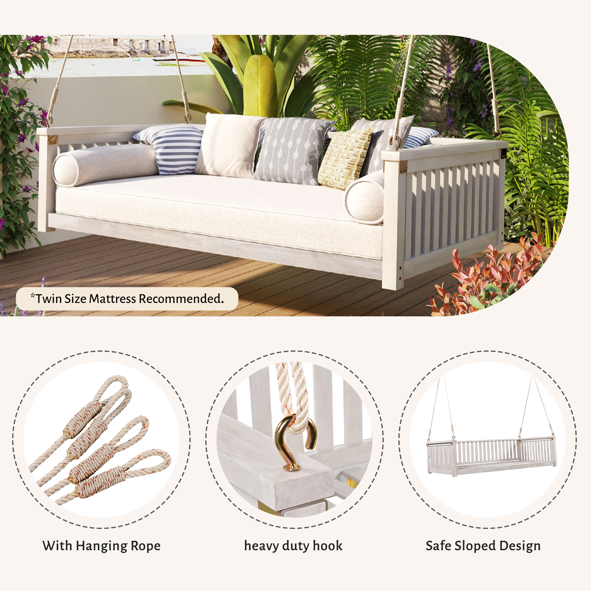 TOPMAX Patio Minimalist Twin Size Garden Swing Bed Wood Porch Swing with Ropes for Backyard, Safe Sloped Design, White - Image 6