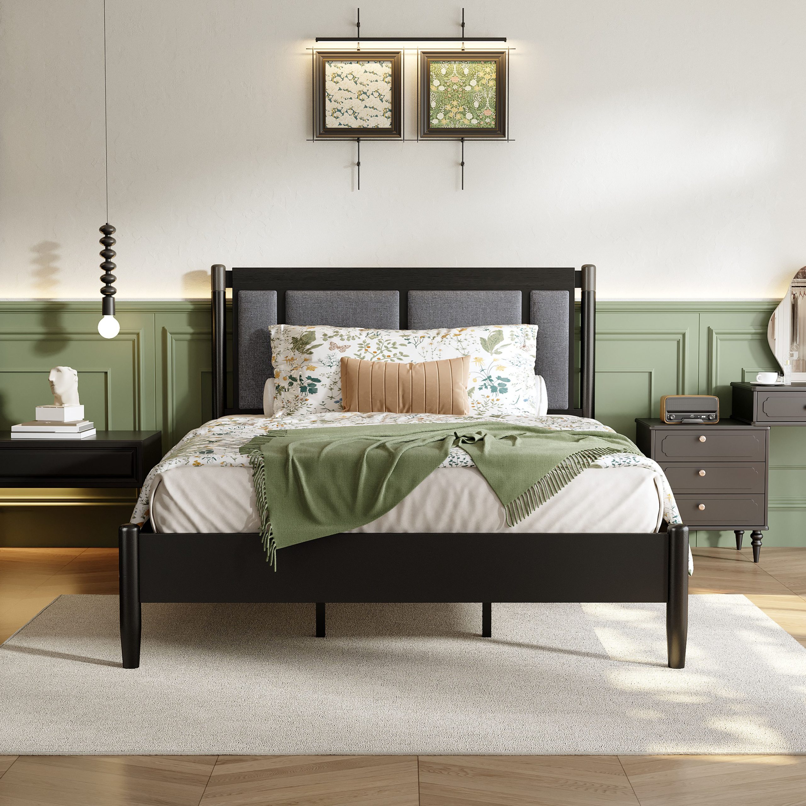 Solid Wood Queen Bed, Heavy Duty 500 lbs Support, No Box Spring Needed, Black Upholstered Headboard with Metal Handles - Image 2
