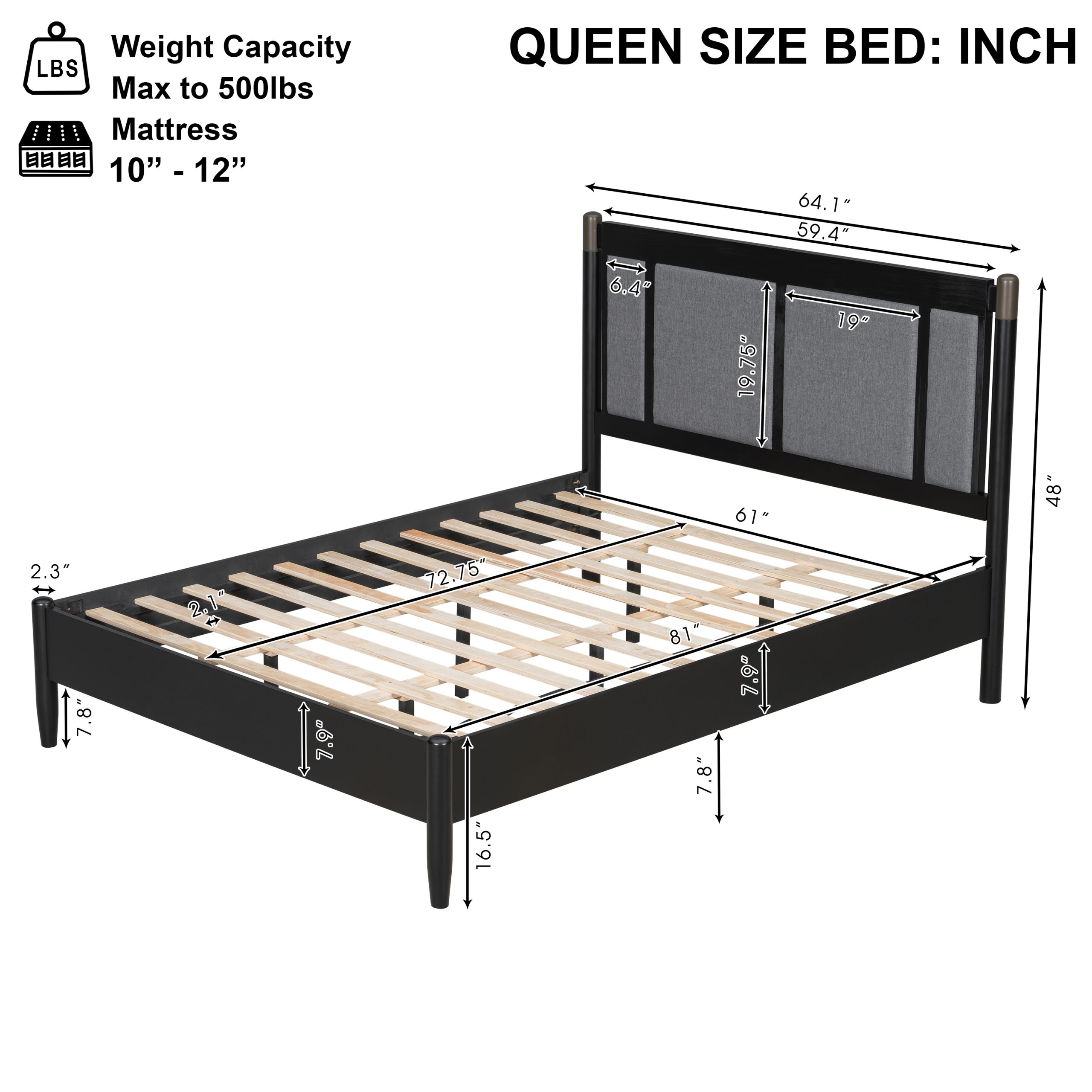 Solid Wood Queen Bed, Heavy Duty 500 lbs Support, No Box Spring Needed, Black Upholstered Headboard with Metal Handles - Image 3