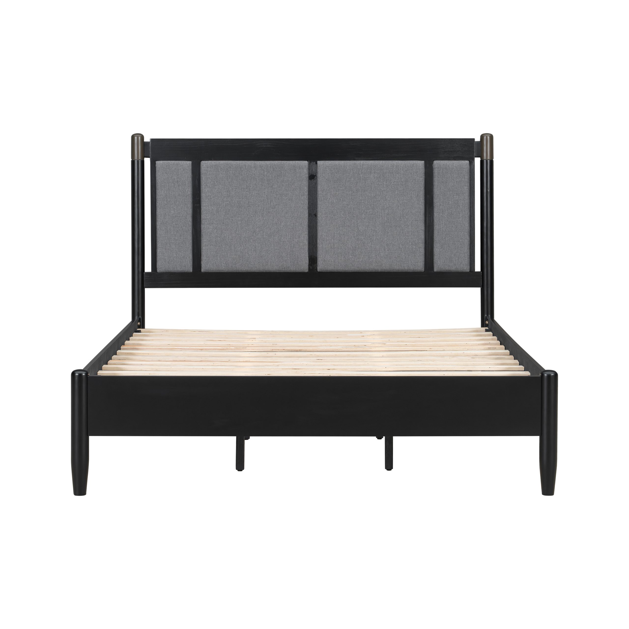 Solid Wood Queen Bed, Heavy Duty 500 lbs Support, No Box Spring Needed, Black Upholstered Headboard with Metal Handles - Image 4