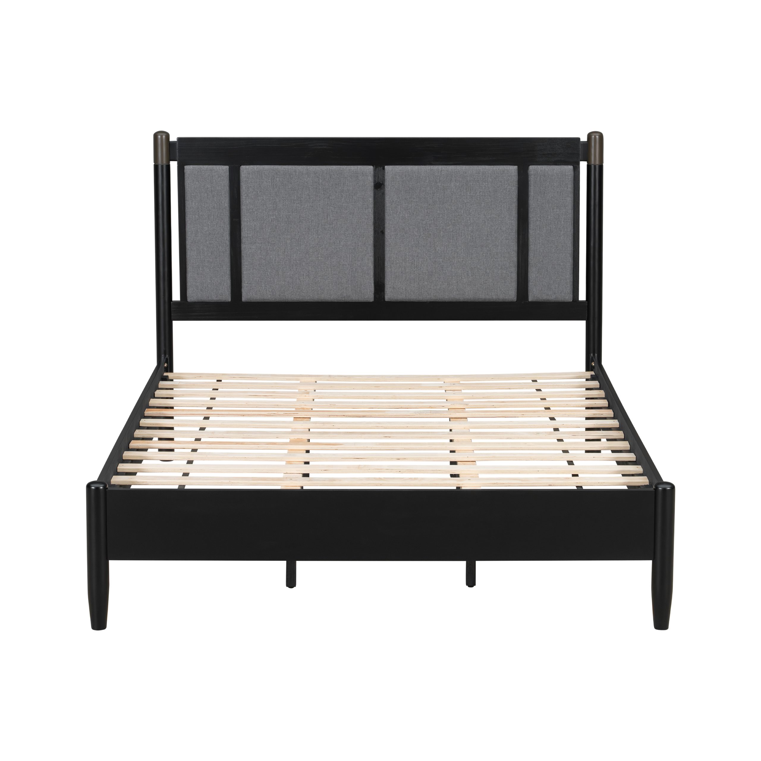 Solid Wood Queen Bed, Heavy Duty 500 lbs Support, No Box Spring Needed, Black Upholstered Headboard with Metal Handles - Image 5
