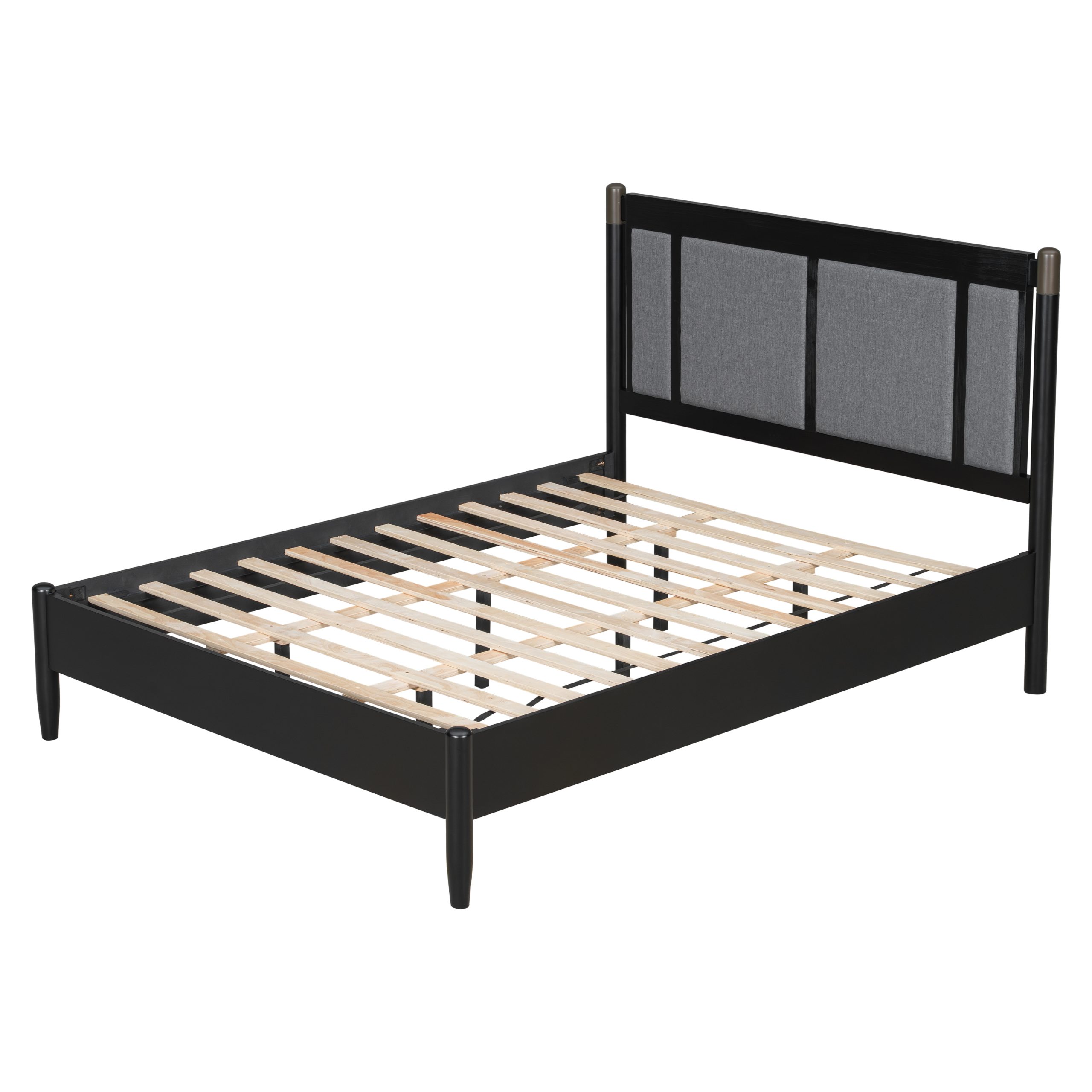 Solid Wood Queen Bed, Heavy Duty 500 lbs Support, No Box Spring Needed, Black Upholstered Headboard with Metal Handles - Image 6