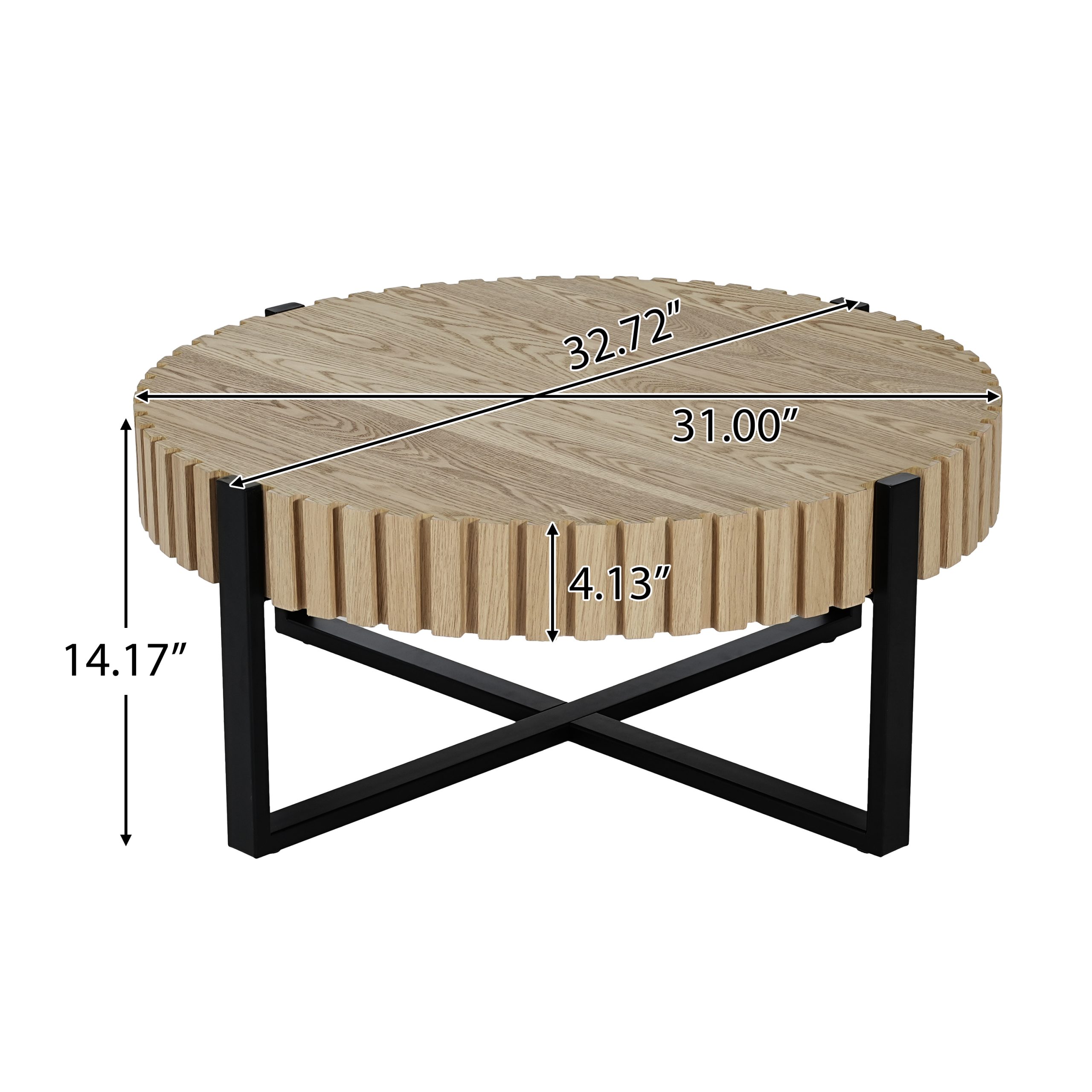 Round Coffee Table, Handcraft Drum Coffee Table with Gear Design & Cross Metal Base, Wood Grain MDF Top, 31.5" Modern Compact Coffee Table for Living Room Apartment - Image 2