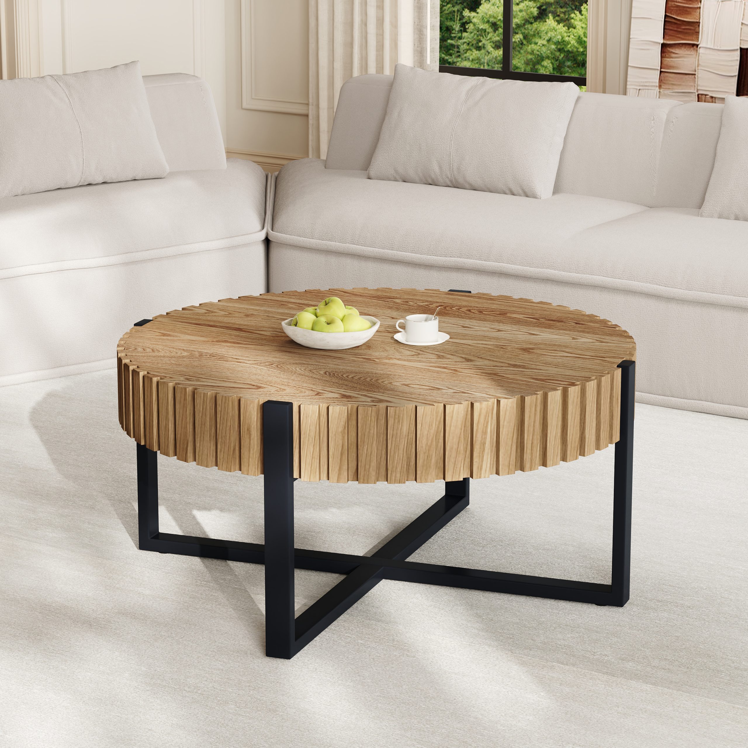 Round Coffee Table, Handcraft Drum Coffee Table with Gear Design & Cross Metal Base, Wood Grain MDF Top, 31.5" Modern Compact Coffee Table for Living Room Apartment - Image 3