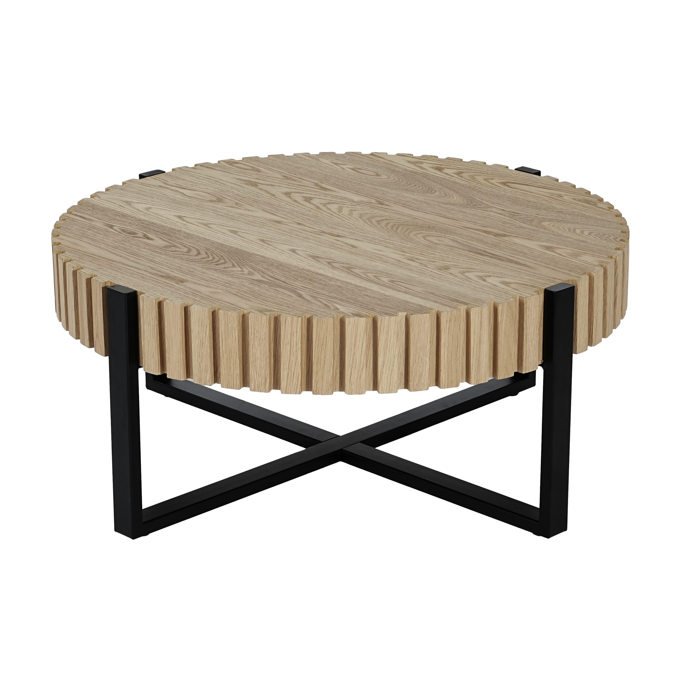 Round Coffee Table, Handcraft Drum Coffee Table with Gear Design & Cross Metal Base, Wood Grain MDF Top, 31.5" Modern Compact Coffee Table for Living Room Apartment - Image 4