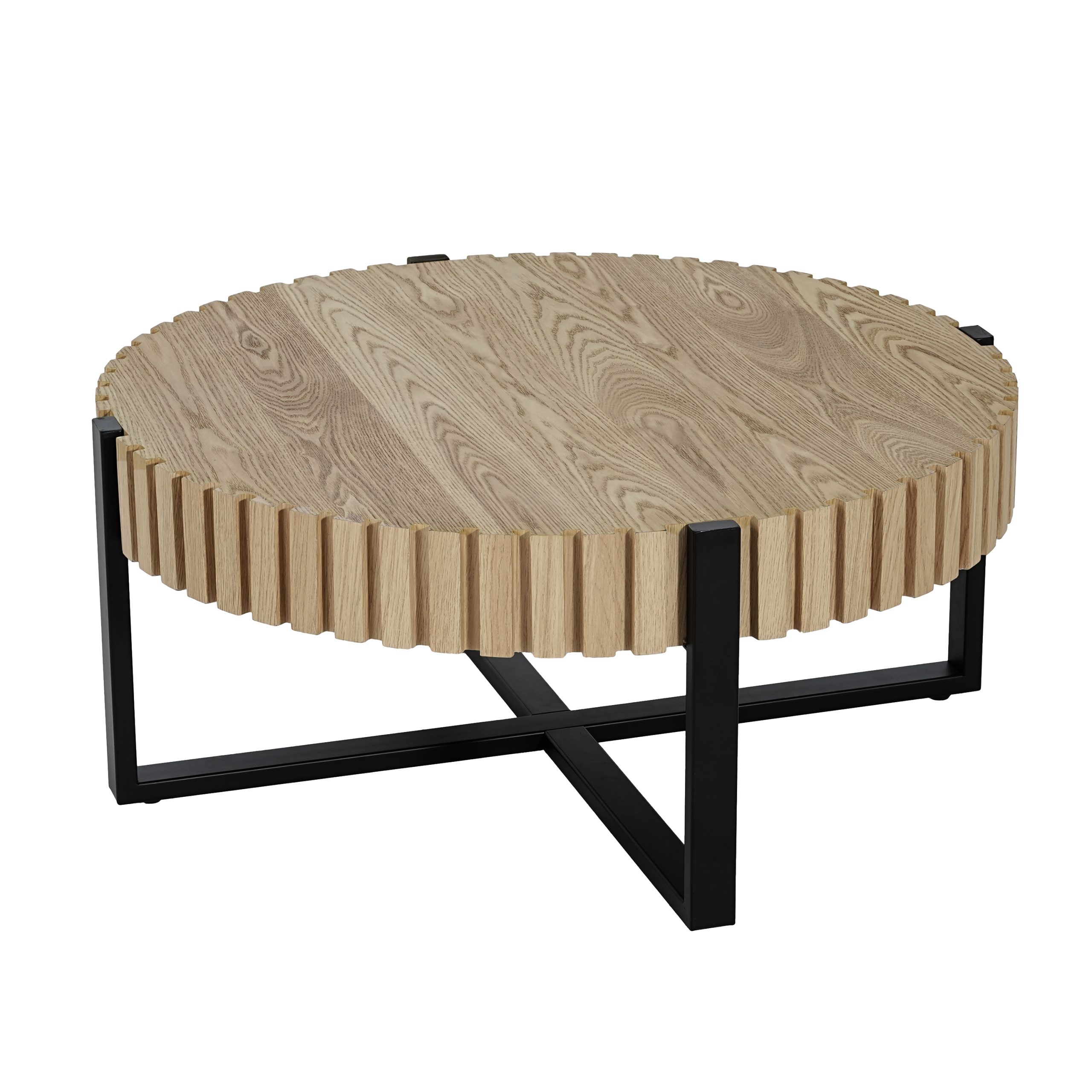 Round Coffee Table, Handcraft Drum Coffee Table with Gear Design & Cross Metal Base, Wood Grain MDF Top, 31.5" Modern Compact Coffee Table for Living Room Apartment - Image 5