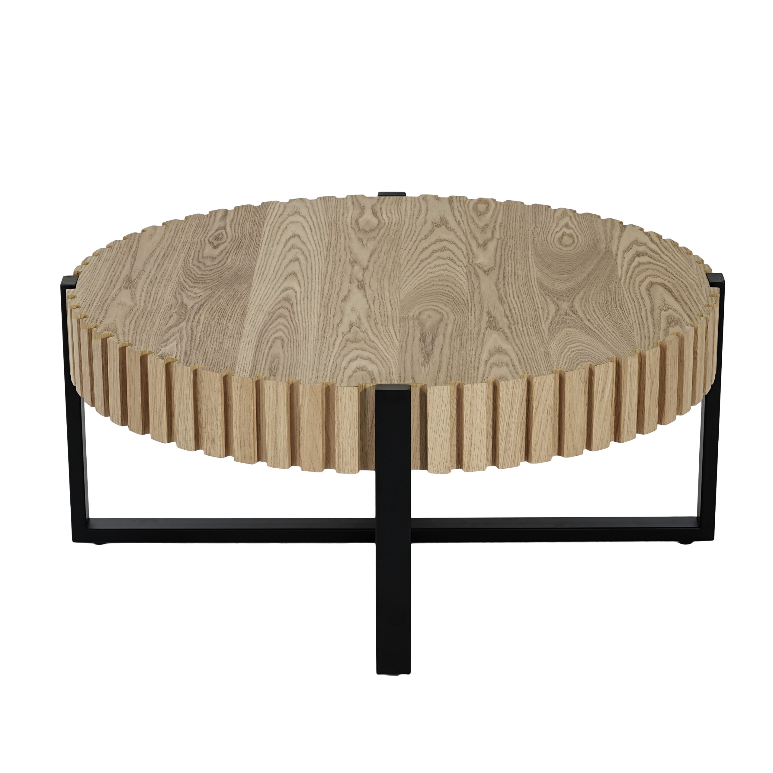Round Coffee Table, Handcraft Drum Coffee Table with Gear Design & Cross Metal Base, Wood Grain MDF Top, 31.5" Modern Compact Coffee Table for Living Room Apartment - Image 6