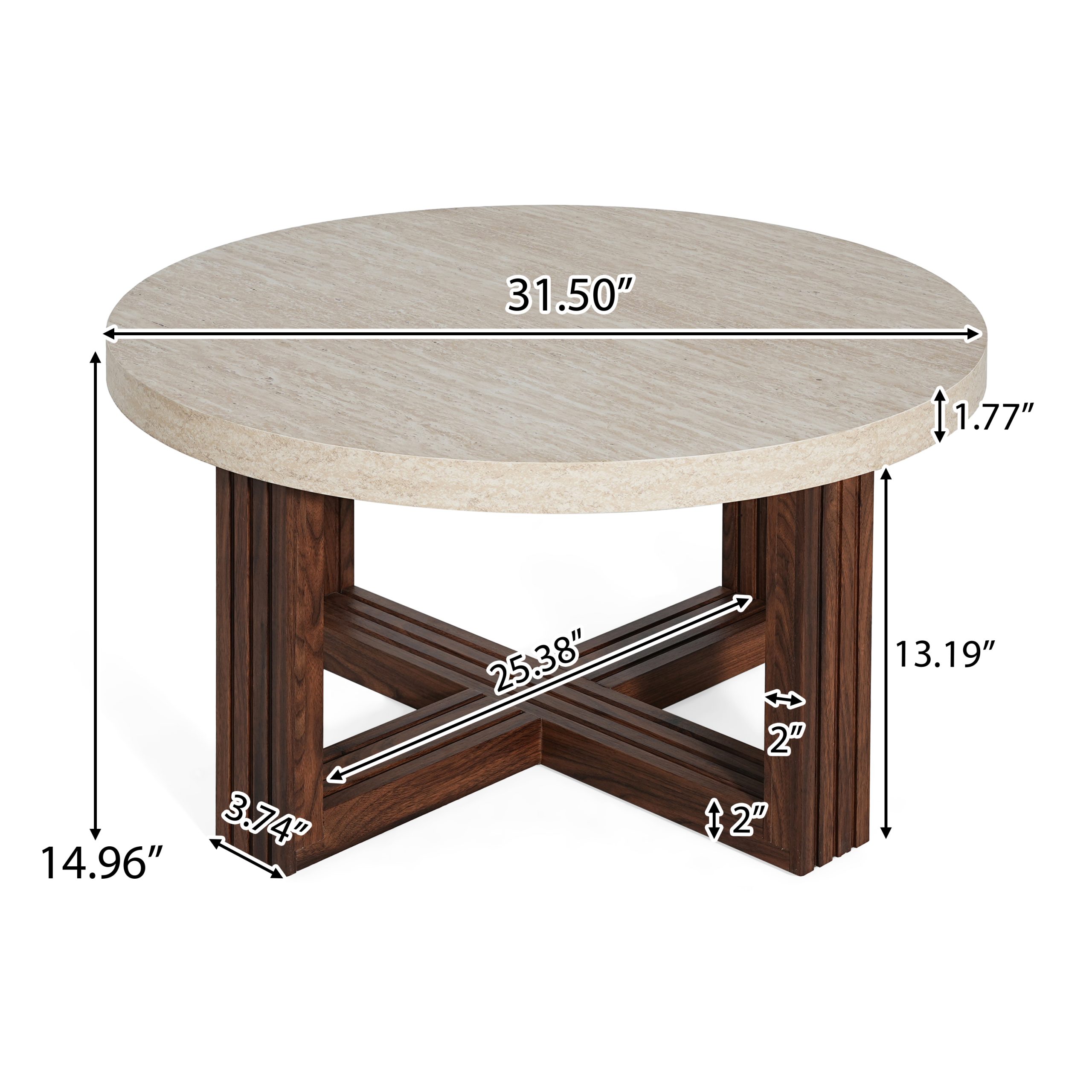 Round Coffee Table 31.5 Inch Marble Pattern Top & Cross Brown Base, Modern Center Table for Living Room with Natural Wood Grain - Image 2