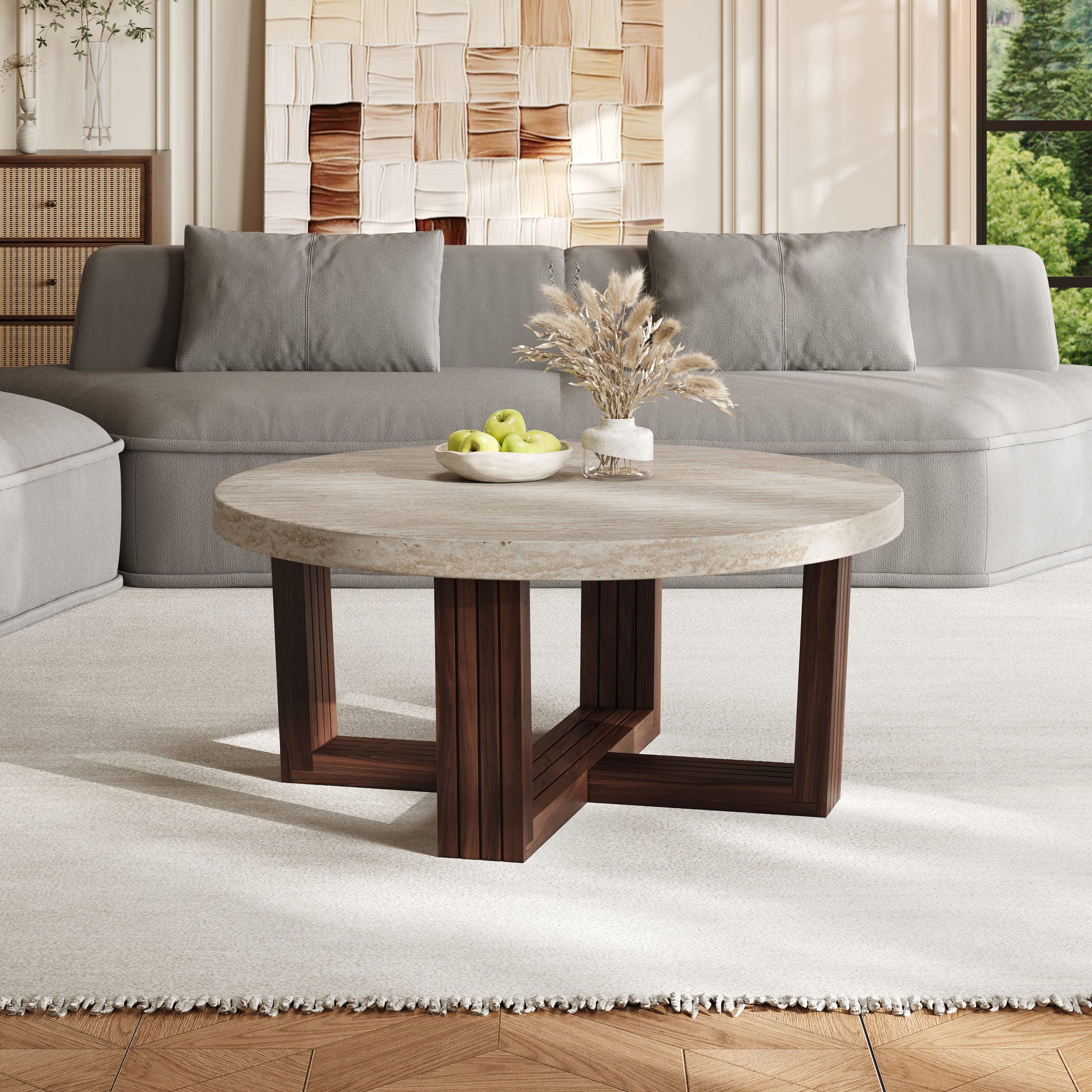 Round Coffee Table 31.5 Inch Marble Pattern Top & Cross Brown Base, Modern Center Table for Living Room with Natural Wood Grain - Image 3