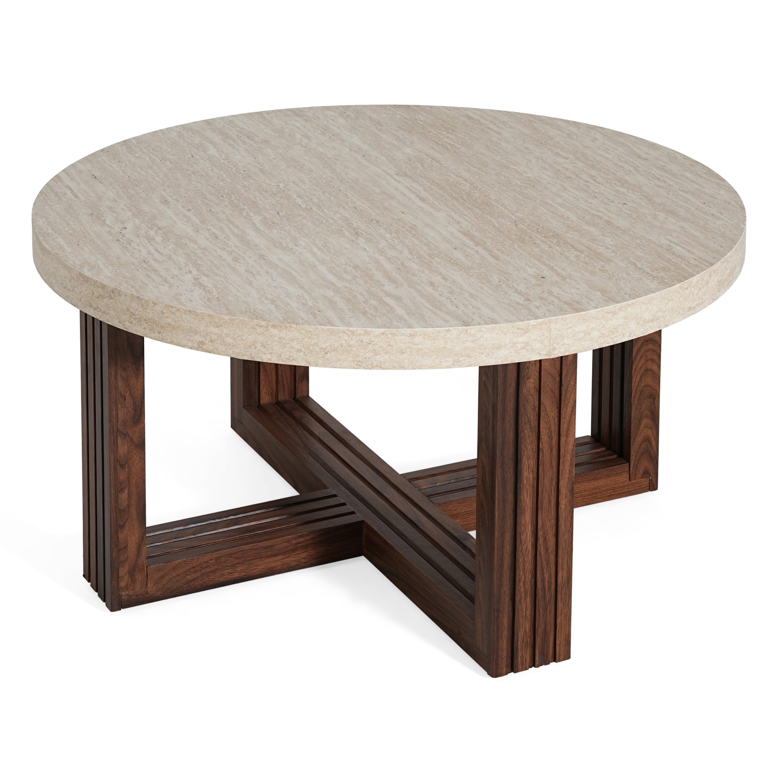 Round Coffee Table 31.5 Inch Marble Pattern Top & Cross Brown Base, Modern Center Table for Living Room with Natural Wood Grain - Image 4