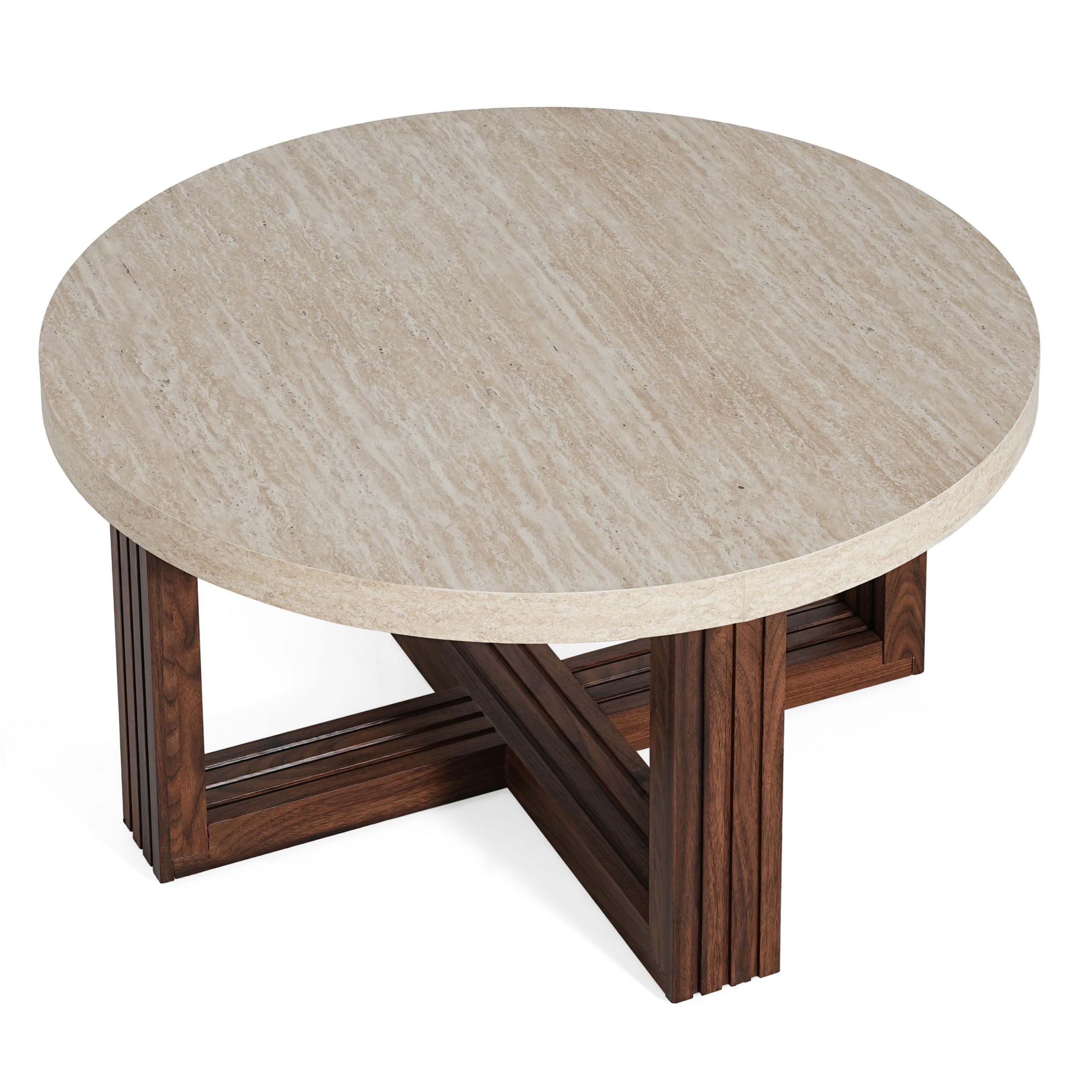 Round Coffee Table 31.5 Inch Marble Pattern Top & Cross Brown Base, Modern Center Table for Living Room with Natural Wood Grain - Image 5