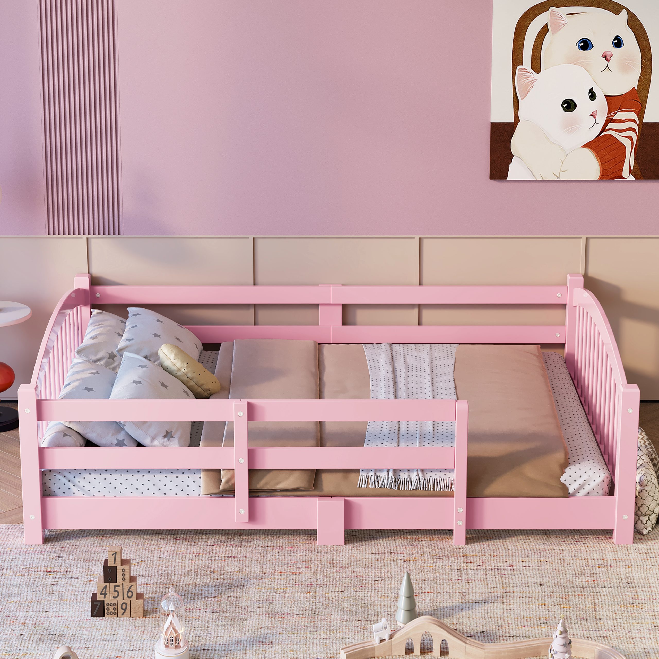 Full Montessori Floor Bed with Slats and Safety Guardrails, Solid Wood Floor Bed with Fence and Without Door, Easy Assemble Montessori Bed for Girls and Boys, Pink