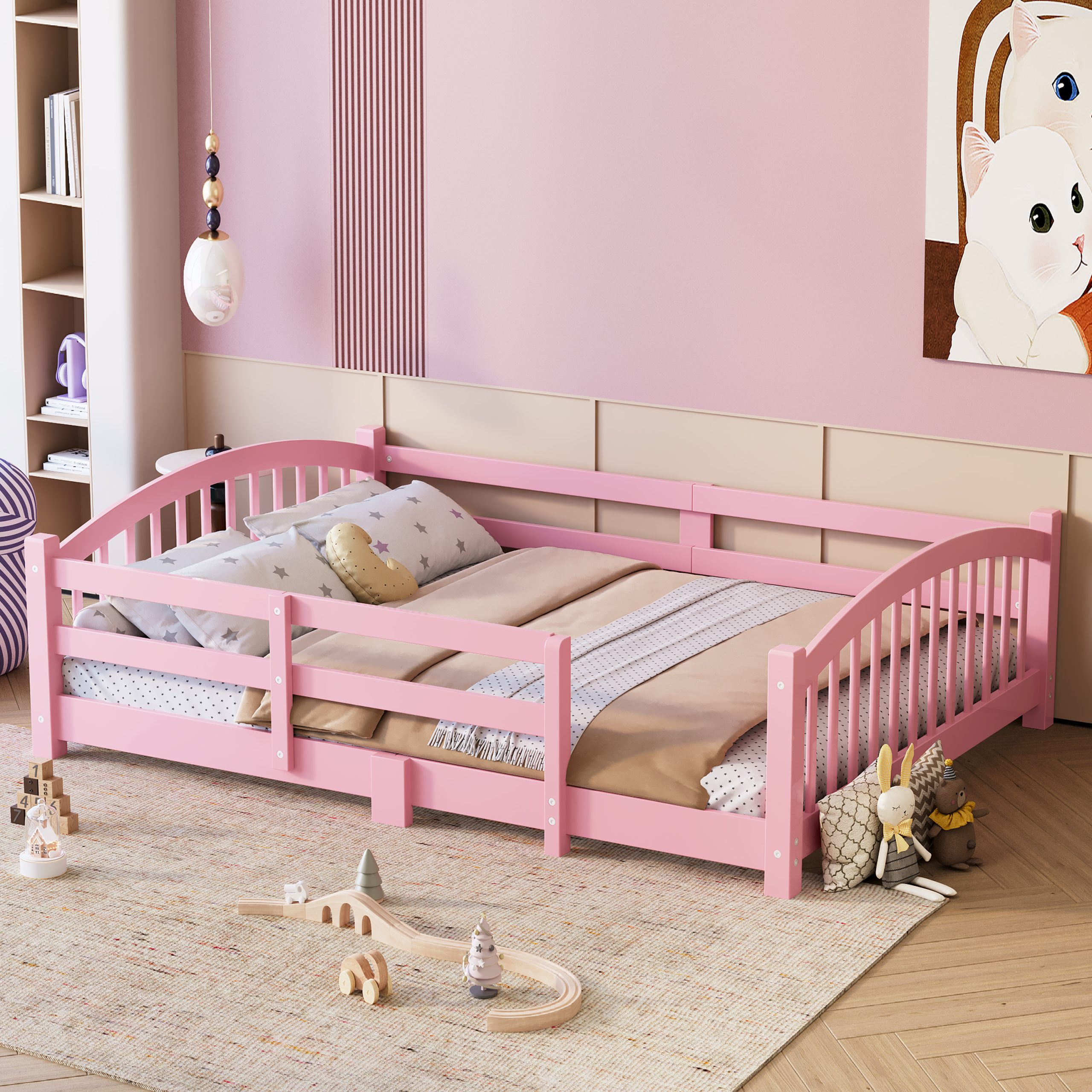 Full Montessori Floor Bed with Slats and Safety Guardrails, Solid Wood Floor Bed with Fence and Without Door, Easy Assemble Montessori Bed for Girls and Boys, Pink - Image 2