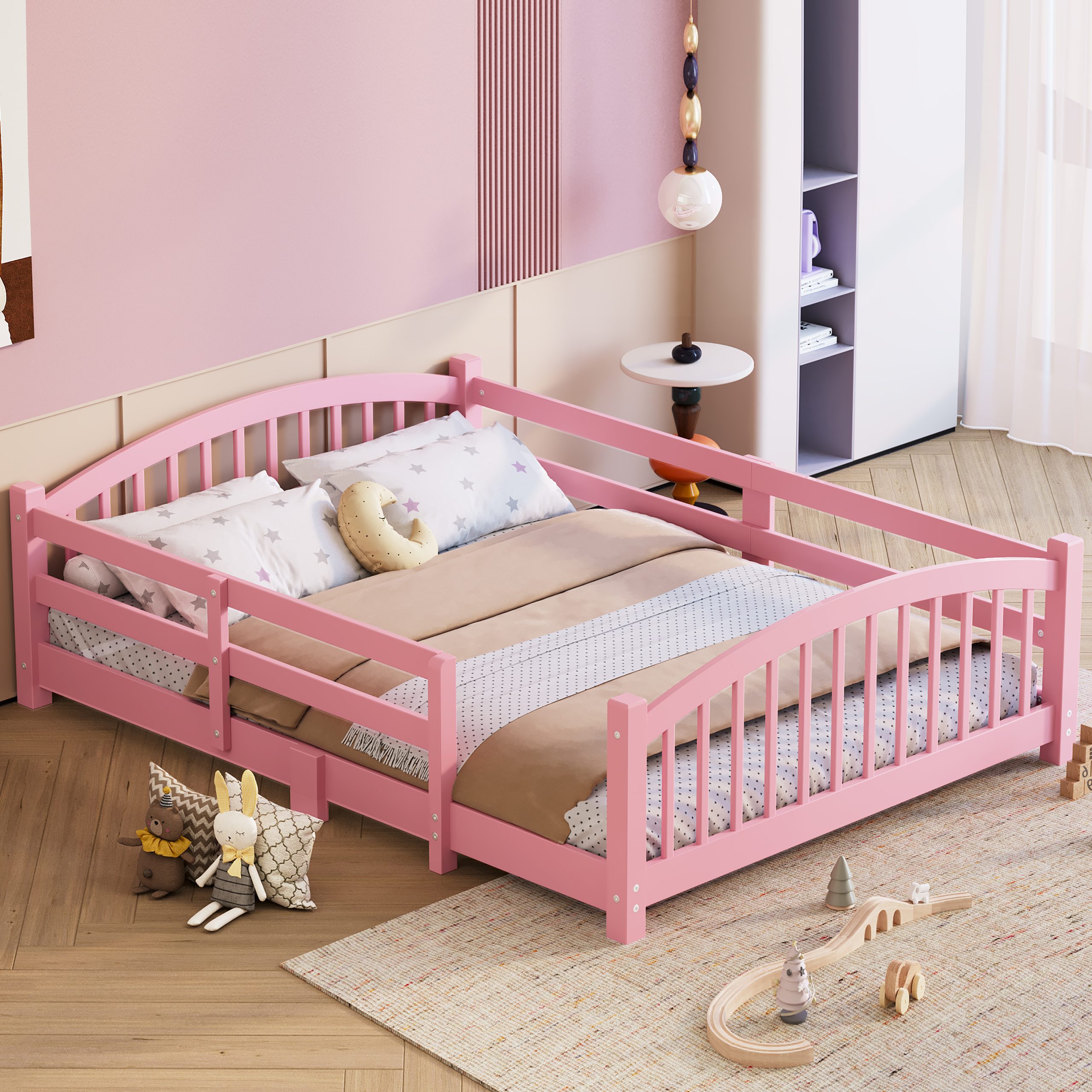 Full Montessori Floor Bed with Slats and Safety Guardrails, Solid Wood Floor Bed with Fence and Without Door, Easy Assemble Montessori Bed for Girls and Boys, Pink - Image 3