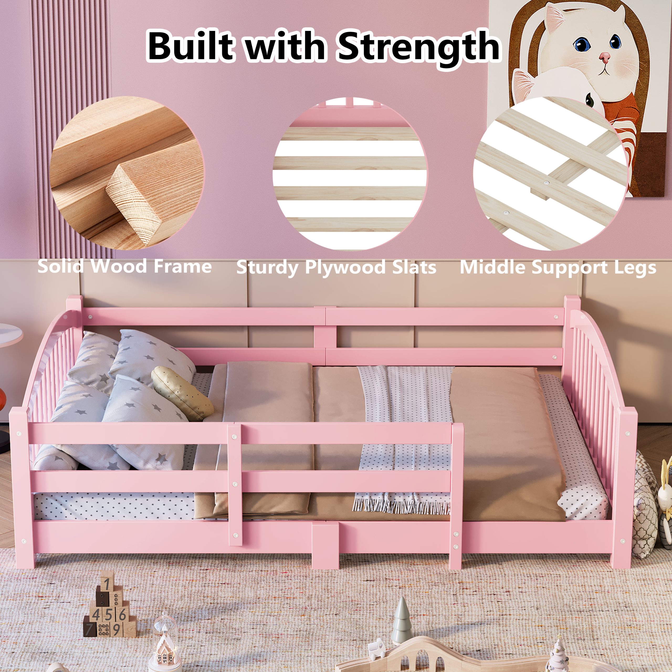 Full Montessori Floor Bed with Slats and Safety Guardrails, Solid Wood Floor Bed with Fence and Without Door, Easy Assemble Montessori Bed for Girls and Boys, Pink - Image 4