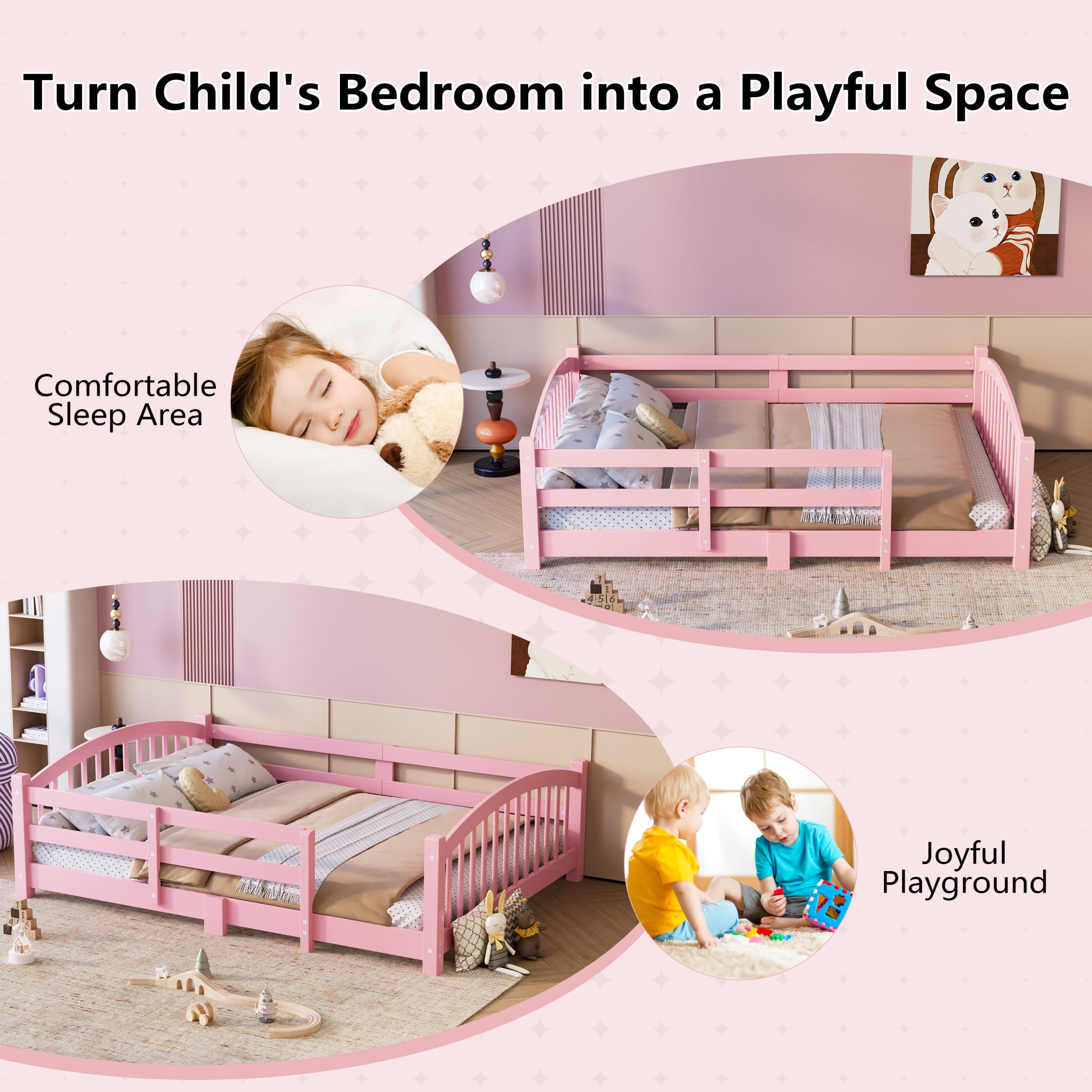 Full Montessori Floor Bed with Slats and Safety Guardrails, Solid Wood Floor Bed with Fence and Without Door, Easy Assemble Montessori Bed for Girls and Boys, Pink - Image 6