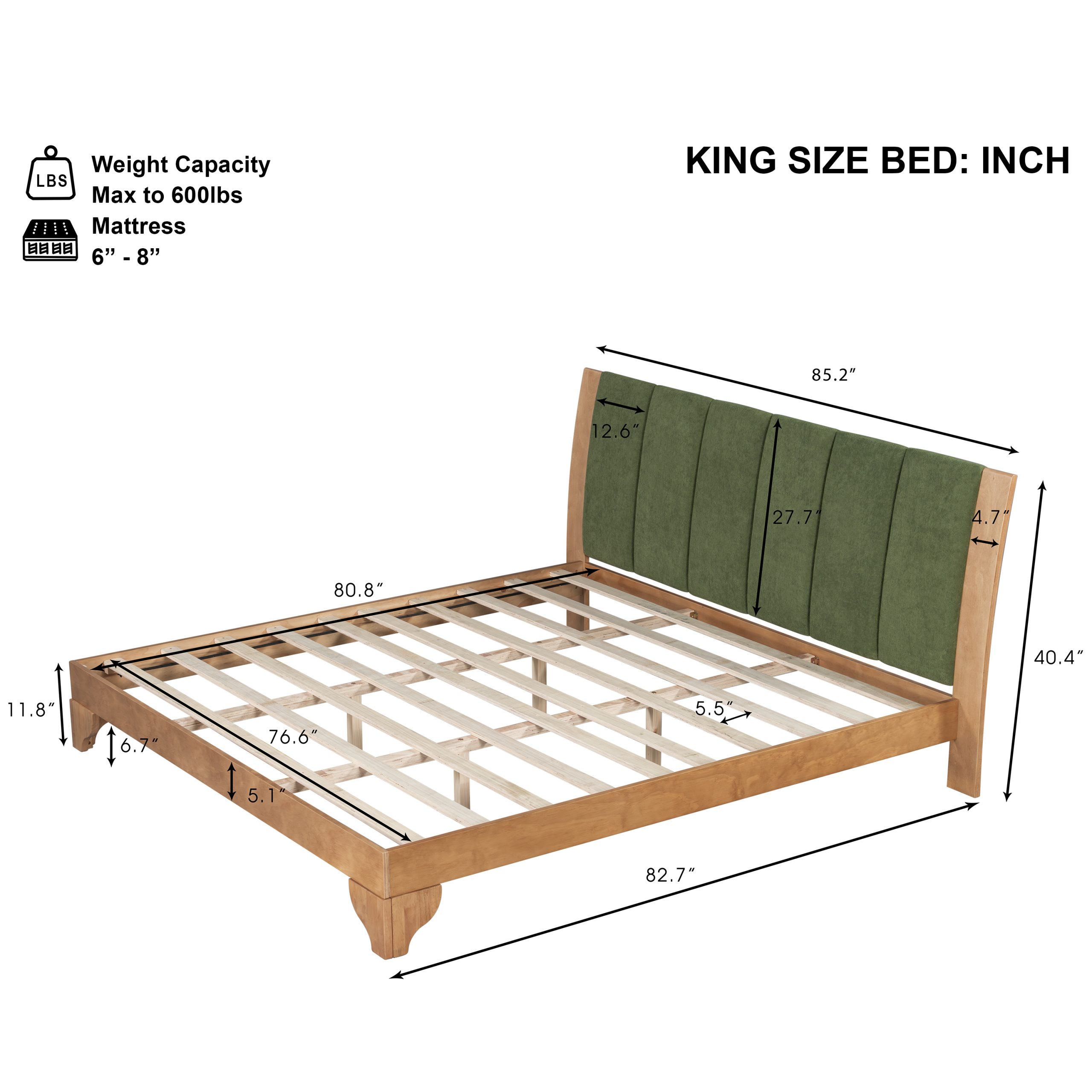 Premium Pine Wood King Bed Frame,King Size Bed Frame with Headboard Included,Mid Century Modern Bed,Natural&Green Color - Image 2
