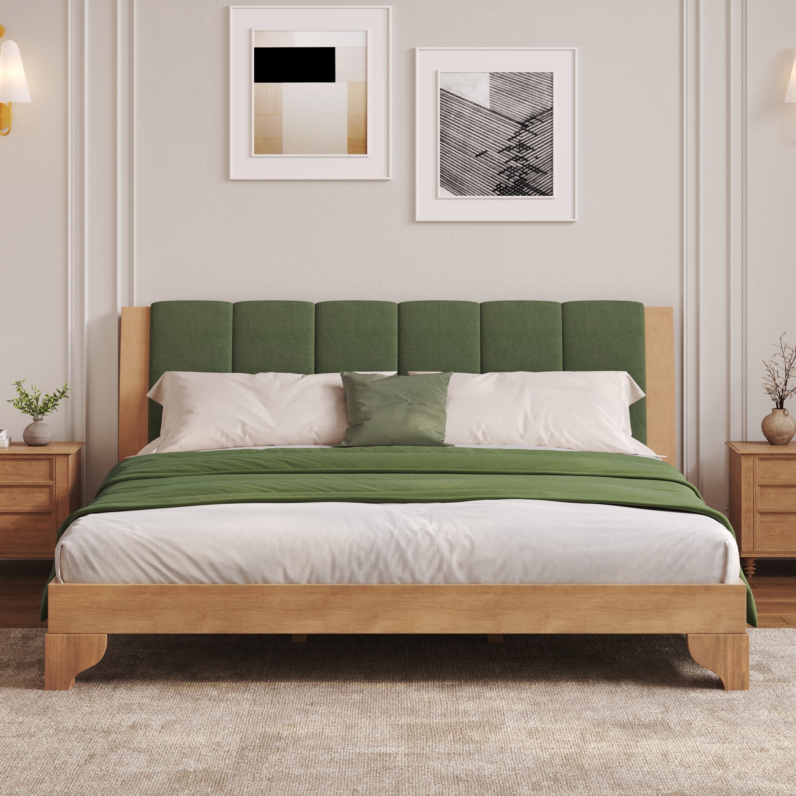 Premium Pine Wood King Bed Frame,King Size Bed Frame with Headboard Included,Mid Century Modern Bed,Natural&Green Color - Image 3