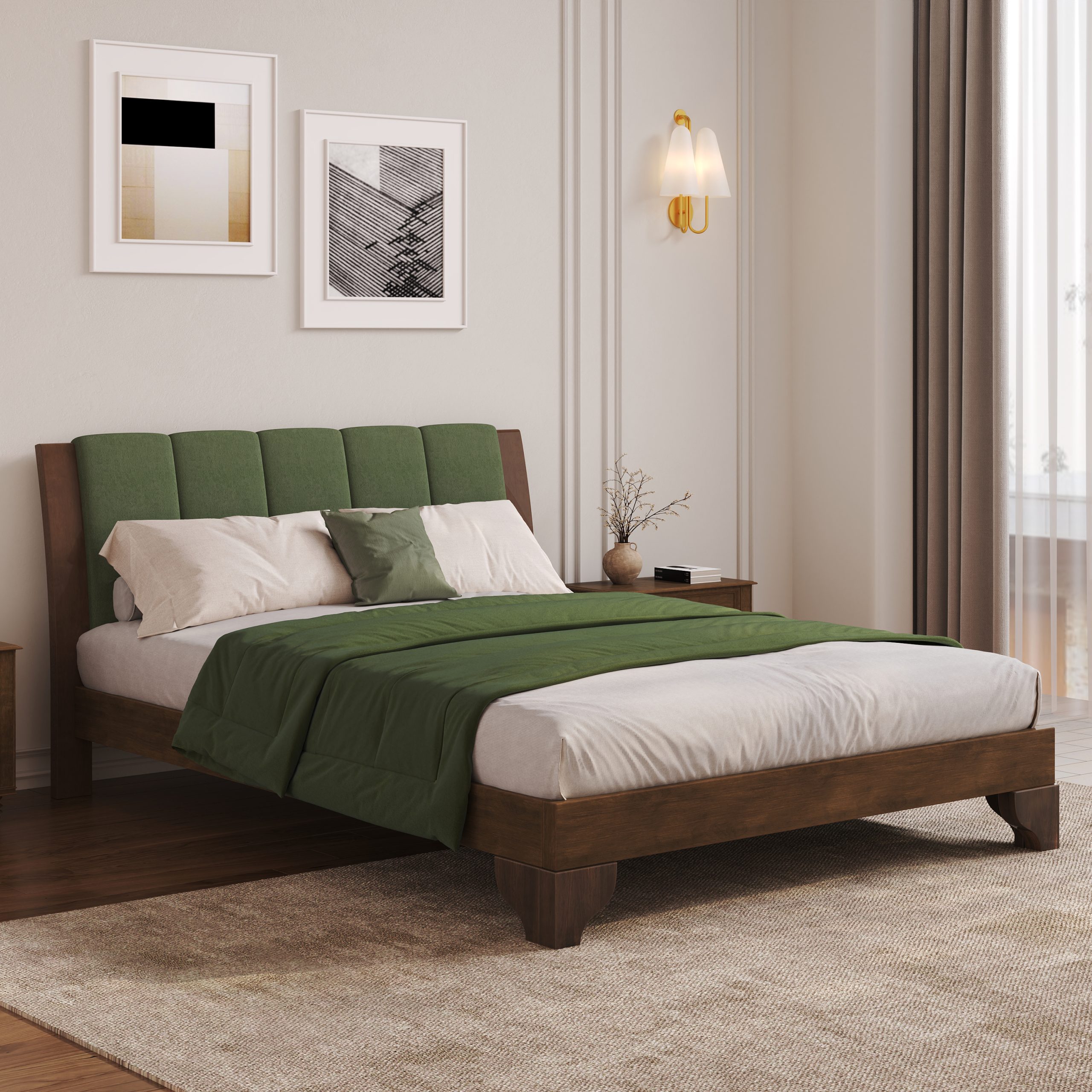 Premium Pine Wood Queen Bed Frame,Queen Size Bed Frame with Headboard Included,Mid Century Modern Bed,Walnut&Green Color - Image 1