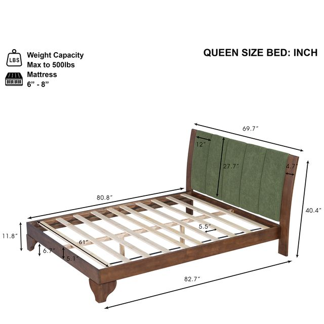 Premium Pine Wood Queen Bed Frame,Queen Size Bed Frame with Headboard Included,Mid Century Modern Bed,Walnut&Green Color - Image 2