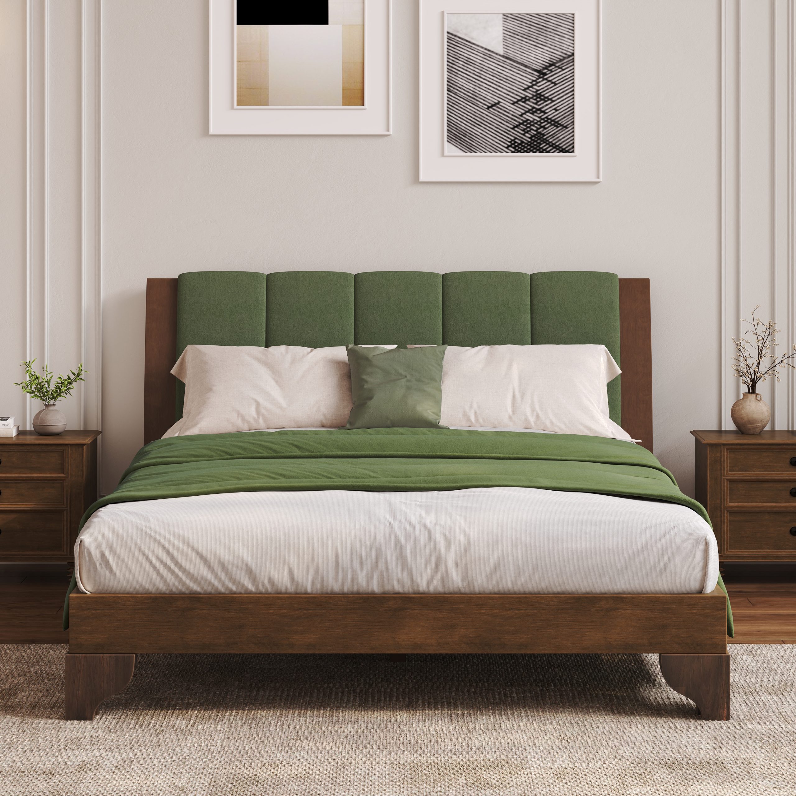Premium Pine Wood Queen Bed Frame,Queen Size Bed Frame with Headboard Included,Mid Century Modern Bed,Walnut&Green Color - Image 3