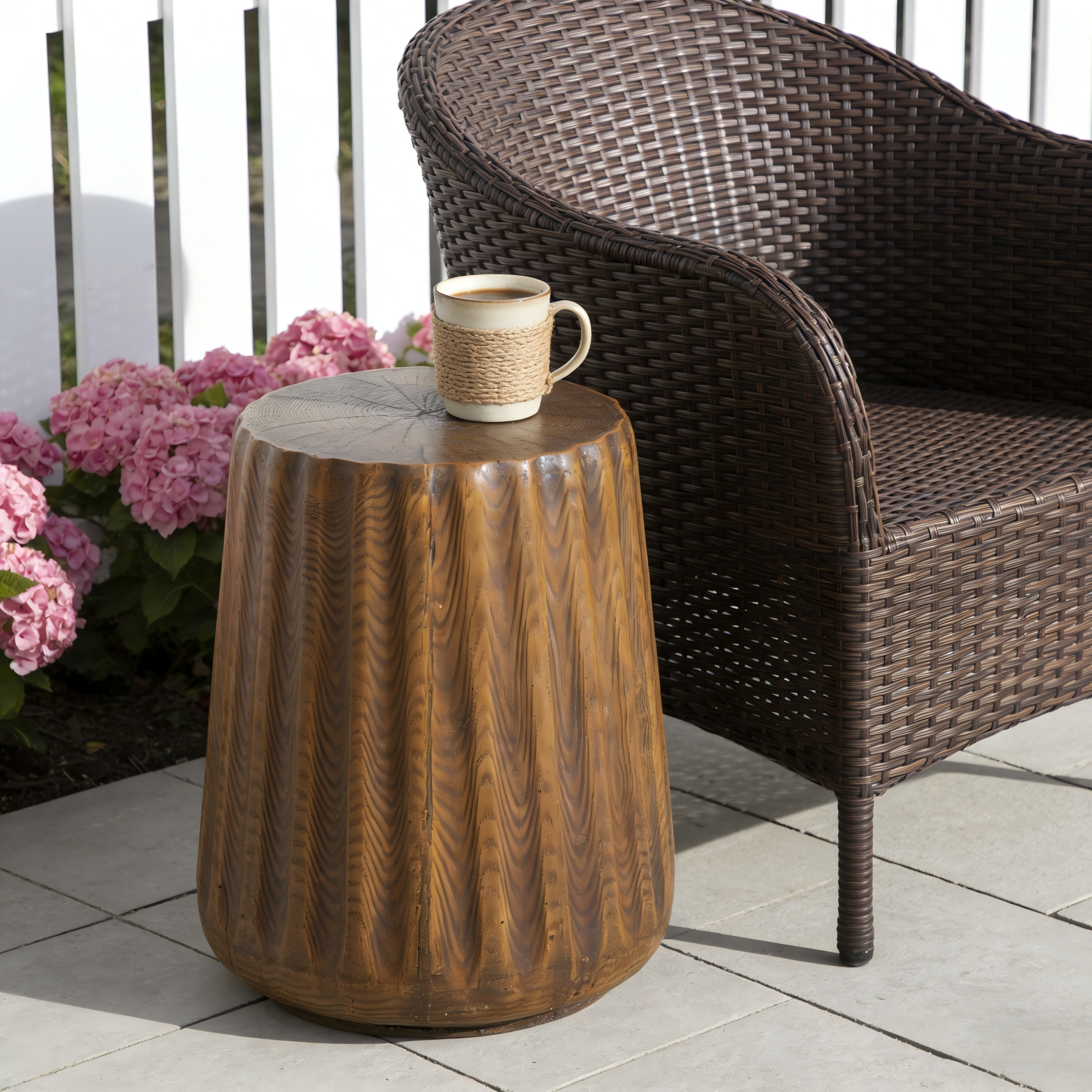 MGO Outdoor Indoor Side Table - Durable Tree Stump Style End Table for Patio, Garden, Living Room, 16.61" Height, Brown Wood Grain Finish - Image 2