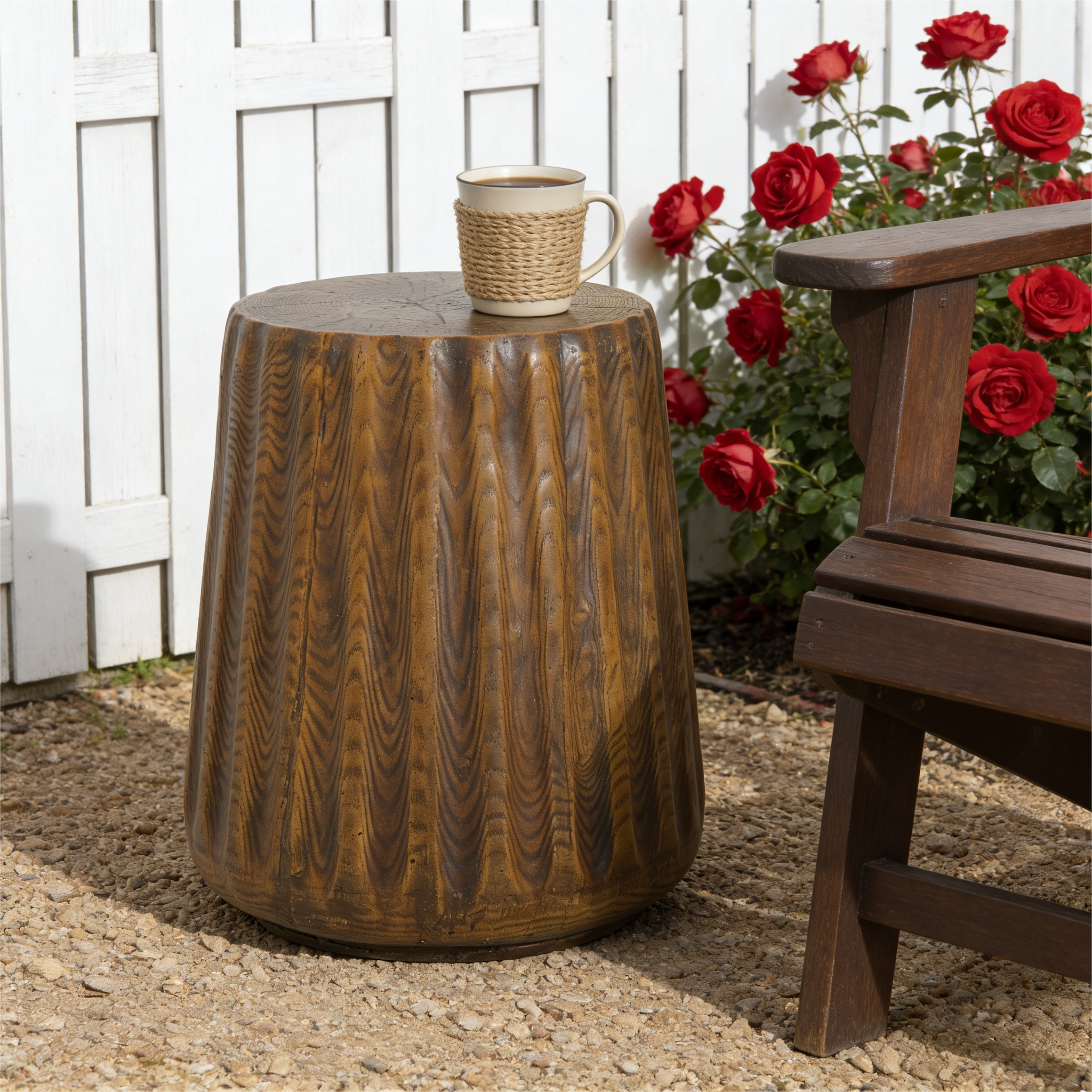 MGO Outdoor Indoor Side Table - Durable Tree Stump Style End Table for Patio, Garden, Living Room, 16.61" Height, Brown Wood Grain Finish - Image 3