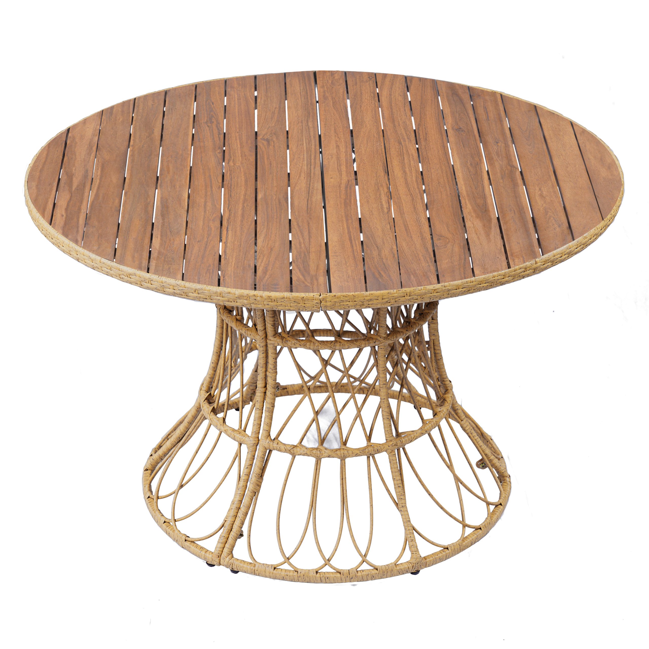 Durable Outdoor Dining Table - Round Acacia Wood Top & Wicker Base, Teak Finish Patio Table for 4 - 6, Garden Outdoor Furniture (Compatible with Matching Chairs) - Image 5