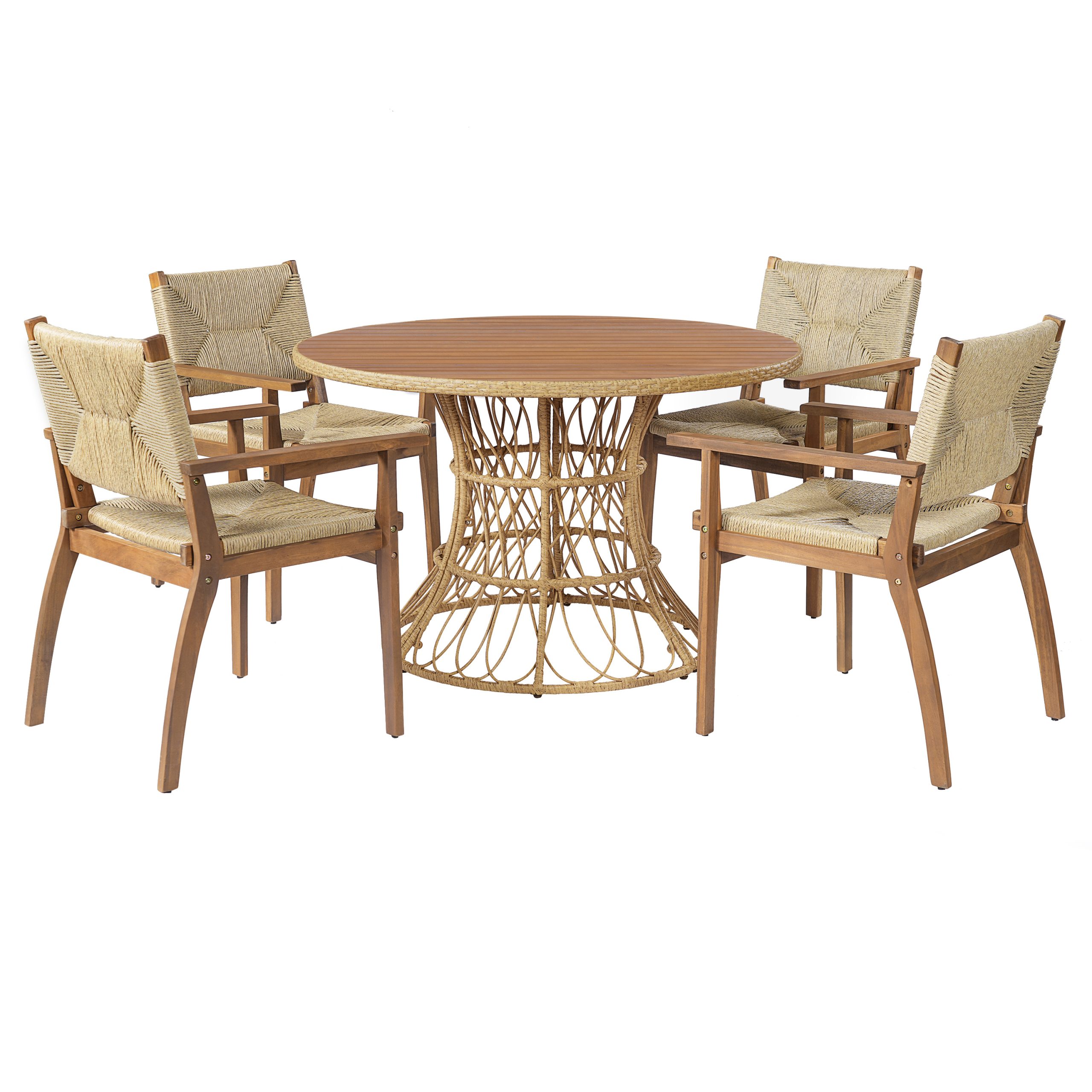 Durable Outdoor Dining Table - Round Acacia Wood Top & Wicker Base, Teak Finish Patio Table for 4 - 6, Garden Outdoor Furniture (Compatible with Matching Chairs) - Image 6